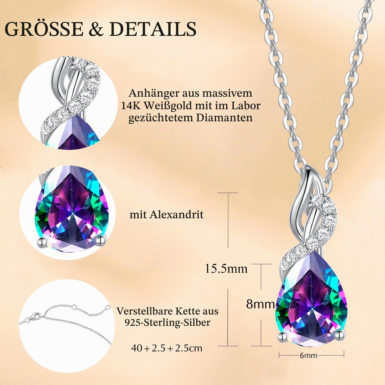 FANCIME Solide 14 Karat 585 Weiß Gold Anhänger Kette mit Tropfen Edelstein 0.28ct Diamant Geschenk Schmuck für Damen, 925 Silber Kettenlänge: 40 + 5 cm