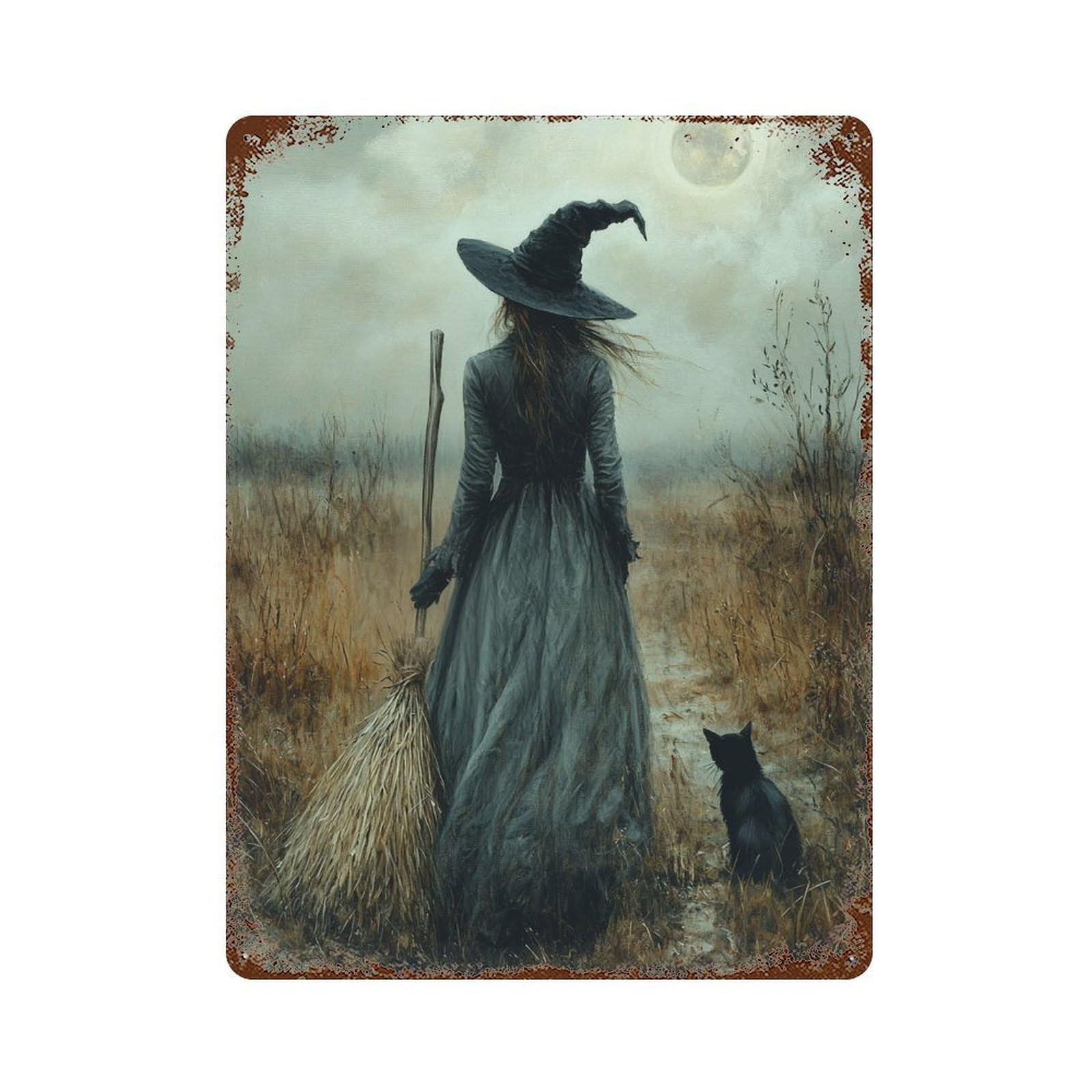 Rustic Tin Plaque with Spooky Witch with Black Cat Design 15.7"x11.8", for Pub, Kitchen And Man Cave Decor, Old School Wall Decor