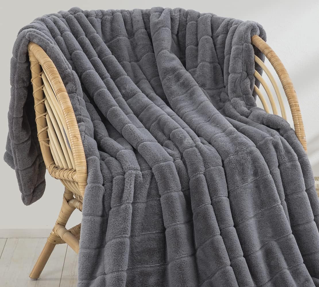 Faux Fur Blankets Soft Premium, Fluffy & Dense, Solid Striped Throw for Winter, Season Decoration (60"x 80", Gray)