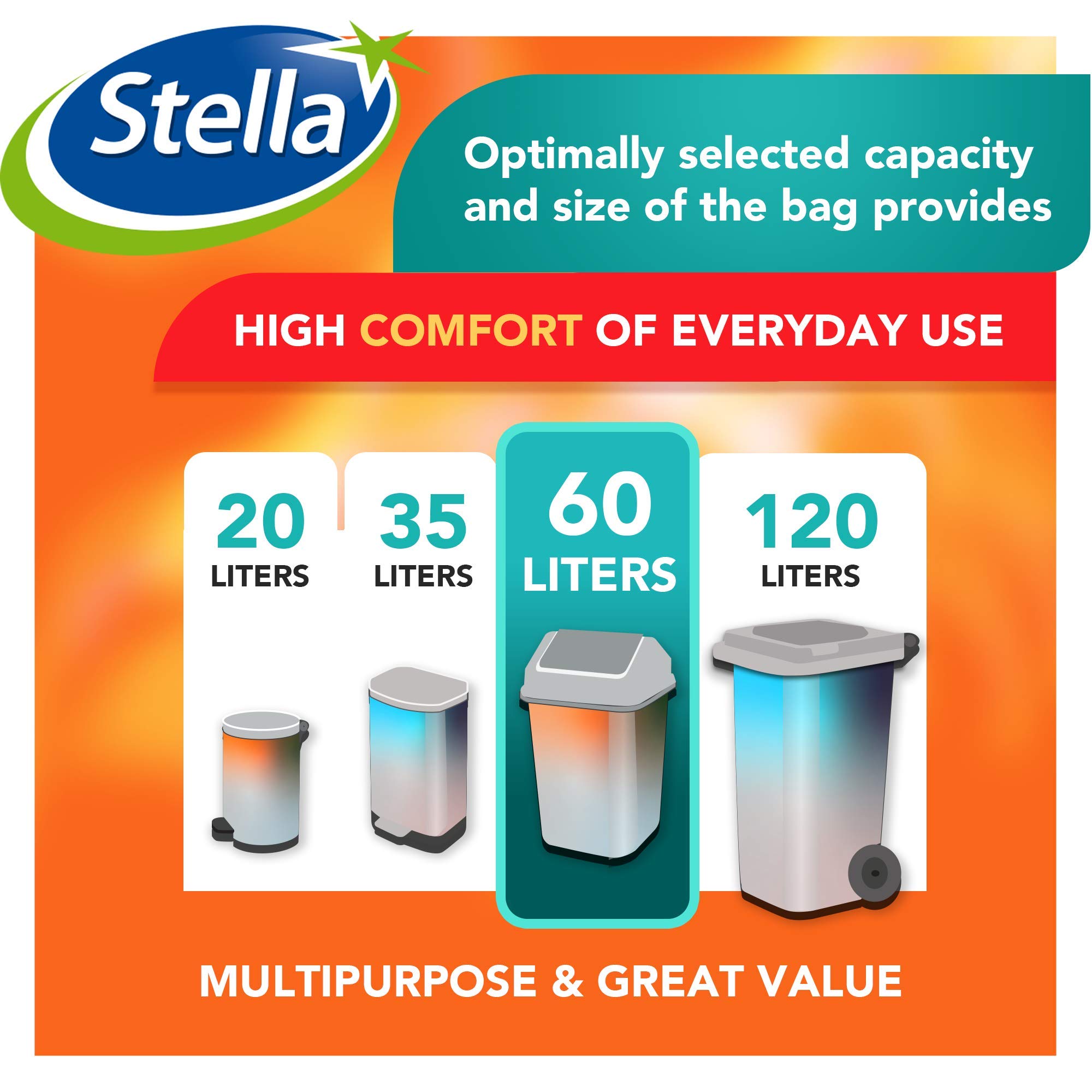 Stella Pack Sacs Poubelle 60l Écologiques Durables et Recyclables Avec Lien Parfumés Résistants en Plastique Pour Déchets Mint 40 Pcs Forte Tenue Facile à Fermer, 60 litres en