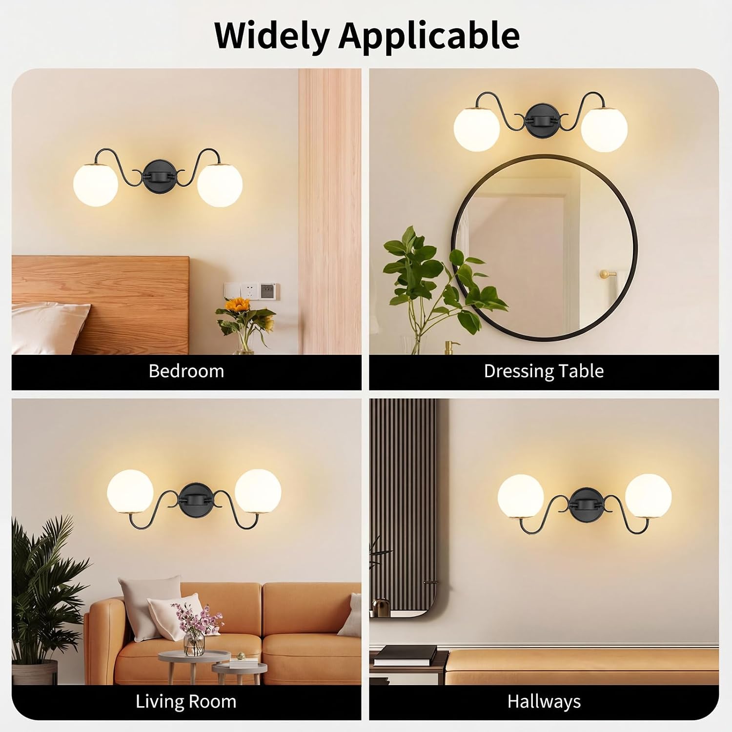 2 Lights Vintage Bathroom Vanity Light Fixtures Over Mirror, Matte Black Vanity Lights For Bathroom With Milk White Glass Globe Shade, Wall Lights For Bedroom, Hallway, Dressing Table(Includ G9 Bulbs)
