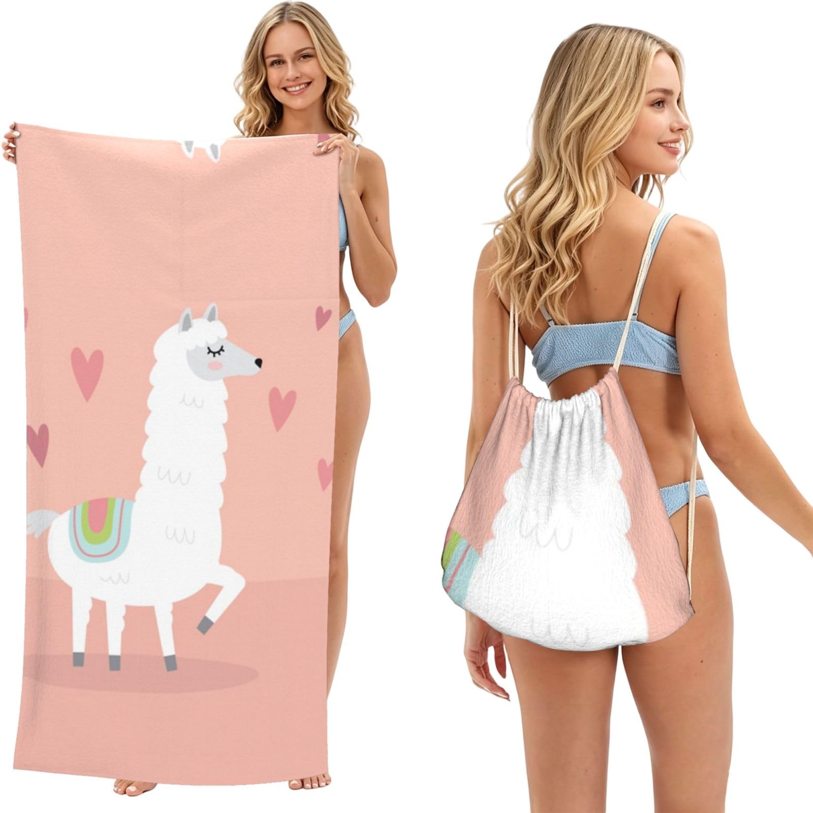 SATUSA Alpacas Print 2-In-1 Foldable Beach Towel Backpack â€“ Camping, Yoga And Travel,Bath Towel With Built-In Storage, Convertible Beach Mat & Carry Bag