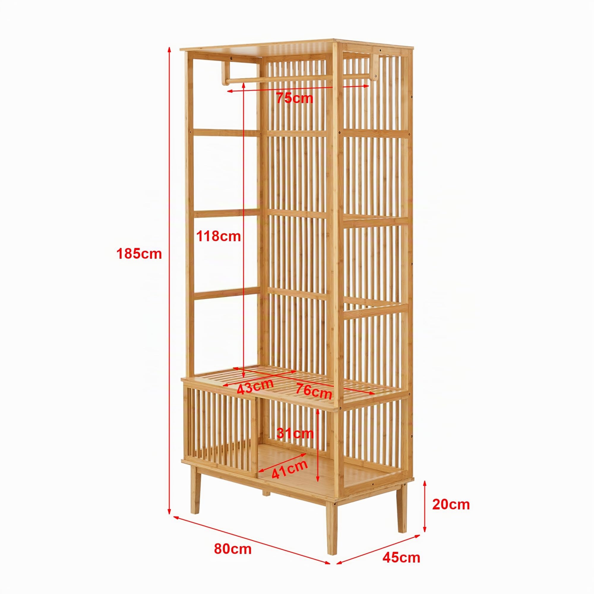 [en.casa] Juego de Guardarropa - 1x Perchero Burro + 1x Estantería de Pie para Dormitorio Recibidor Oficina Ventilación Óptima Alta Visibilidad Elegante Bambú 185 x 160 x 45 cm - Color Natural