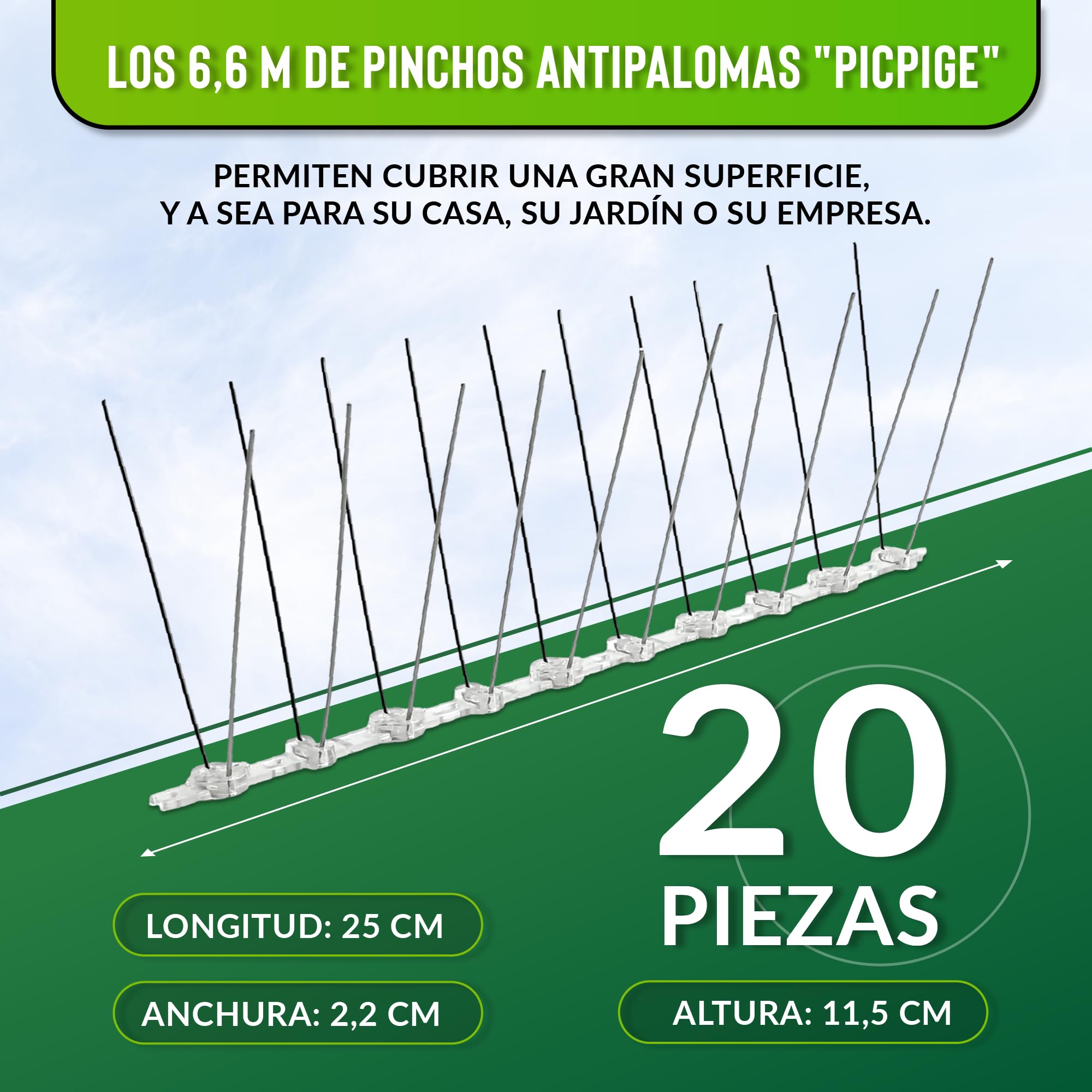 Dissuasores de Palomas - 3 Metros - Pinchos en Acero Inoxidable - 3M Cinta Adhesiva Incluida - 20 Unidades - Anti Palomas para Balcón, Tejado, Valla