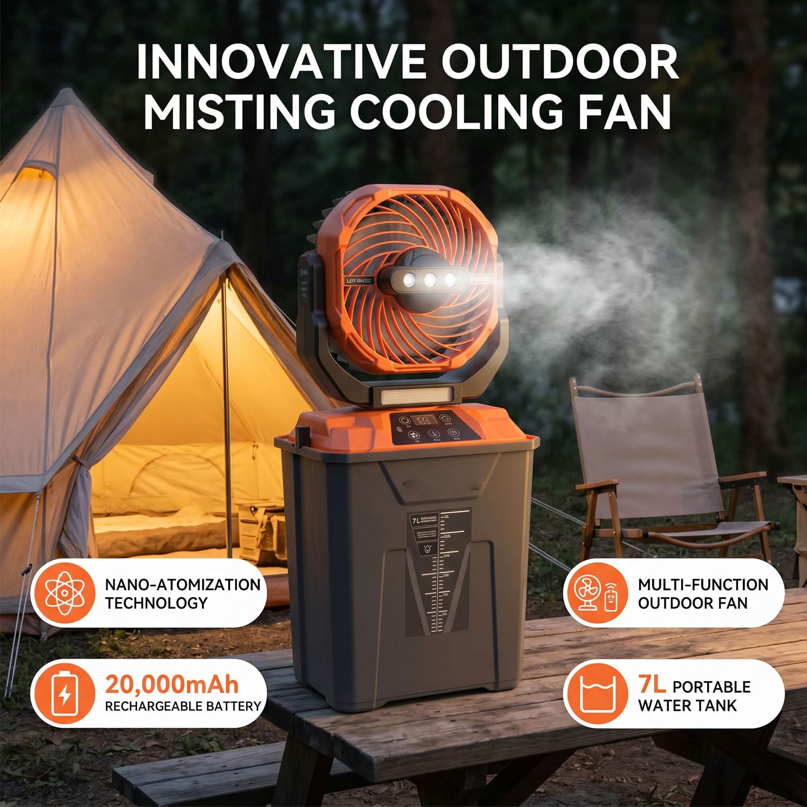Ventilateur Brumisateur Portable, Ventilateur Oscillant Rechargeable 20000 MAh, 5 Vitesses, 4 Niveaux de Brumisation, Réservoir D Eau 7 L for Extérieur et Camping (ORANGE)