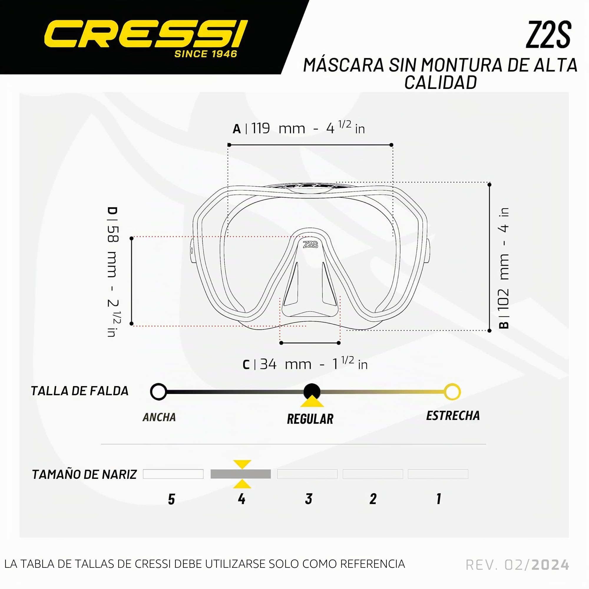 Cressi Máscara de buceo sin marco para adultos, lente mono de visión amplia, bajo volumen interno, silicona suave pura, ZS2: diseñada en Italia por Cressi