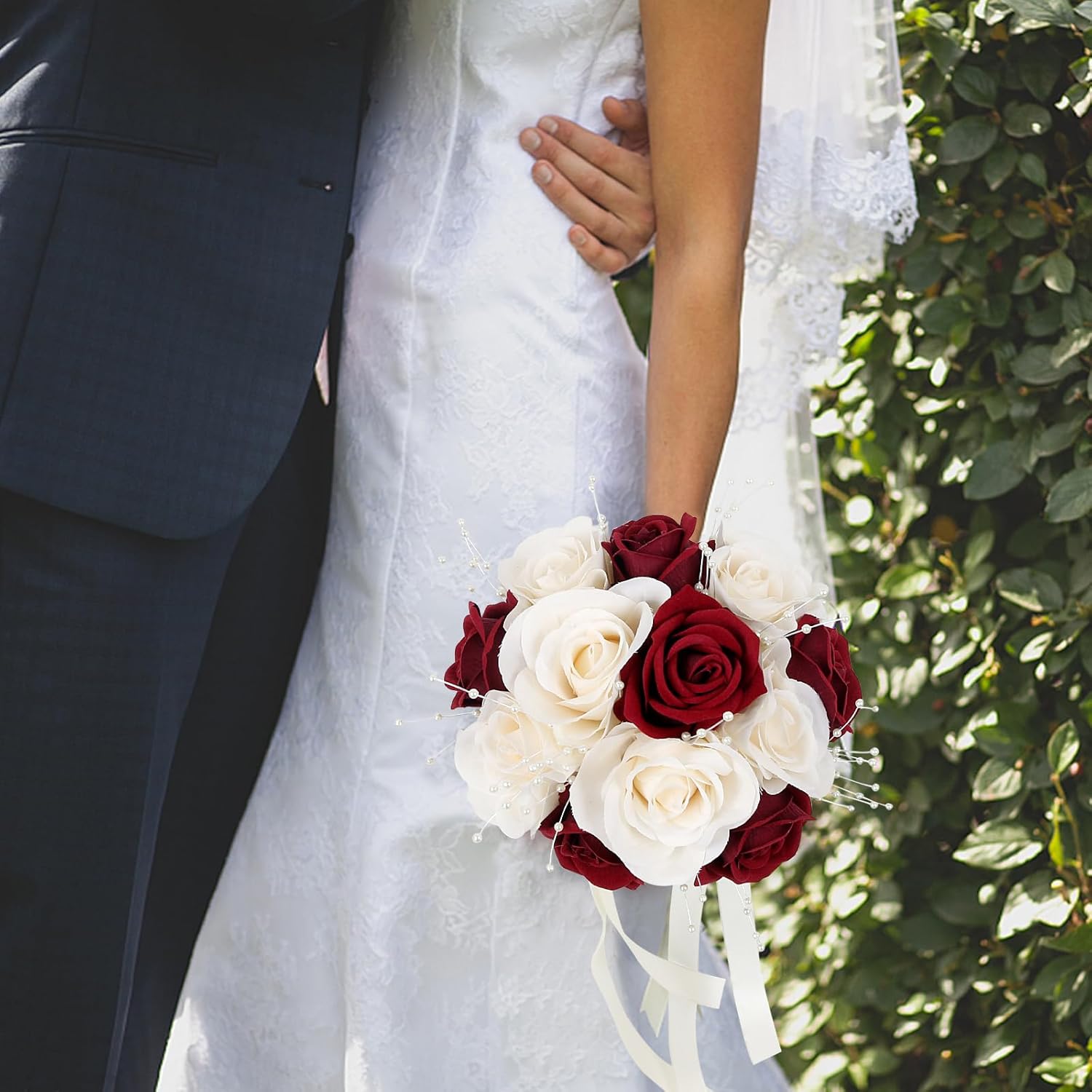 Wedding Bouquets for Bride - Artificial Bridal Flowers Bouquet with Fake Peals Pre-Made Fake Rose Bridesmaid Bouquet for Wedding Centerpieces Decorations - Champagne White and Burgundy - Image 6