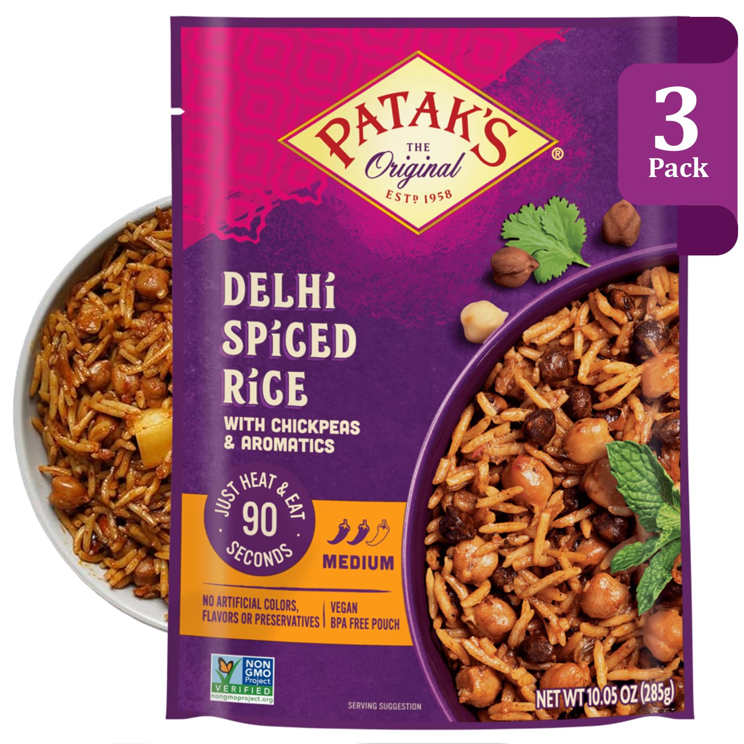 Patak's Delhi Spiced Rice, Fragrant Basmati with Chickpeas, Onion & Tomato, Kosher, Vegan Microwavable Meal Ready in 90 Seconds, For Quick Lunch or Dinner, 10.05 oz, 3-Pack