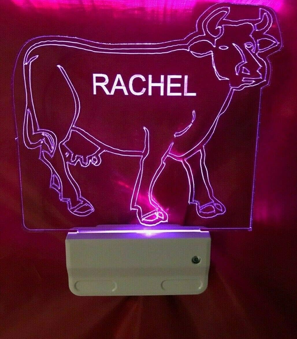 Cow Cattle Farm Night Light Multi Color Personalized LED Plug-in, Ultra Slim Smooth-Touch Light with Smart Dusk to Dawn Sensor, Energy Efficient Home Decor Ideal For Any Room or Hallway, Great Gift