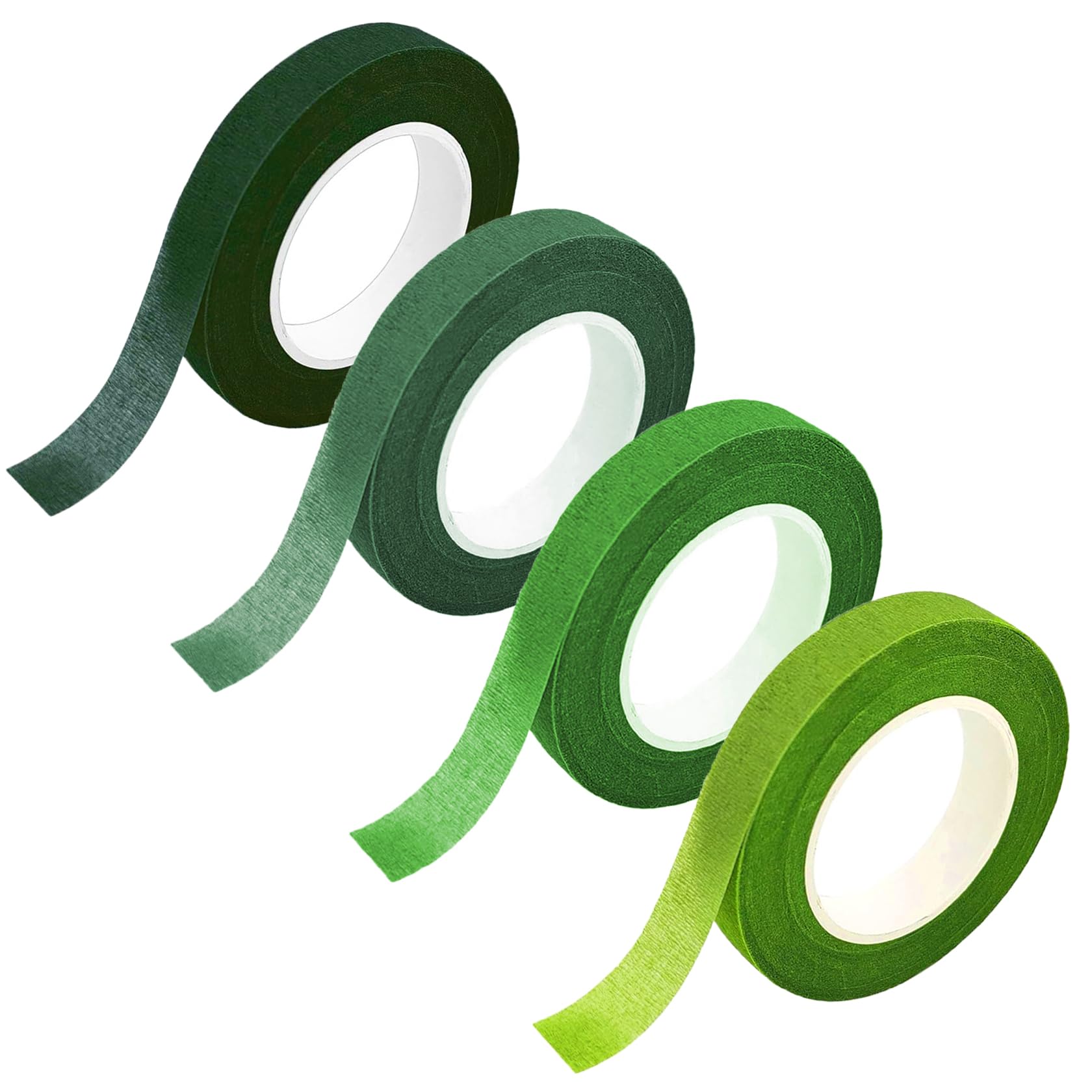 Qikaara 4 Rolls Florist Tape Green, 12 mm x 27 m Floral Tape for Bouquet Stem Wrapping, Flower Arrangement, Floral Crafts Supply and DIY Handcrafts (30 Yards/Roll, 4 Style Green)