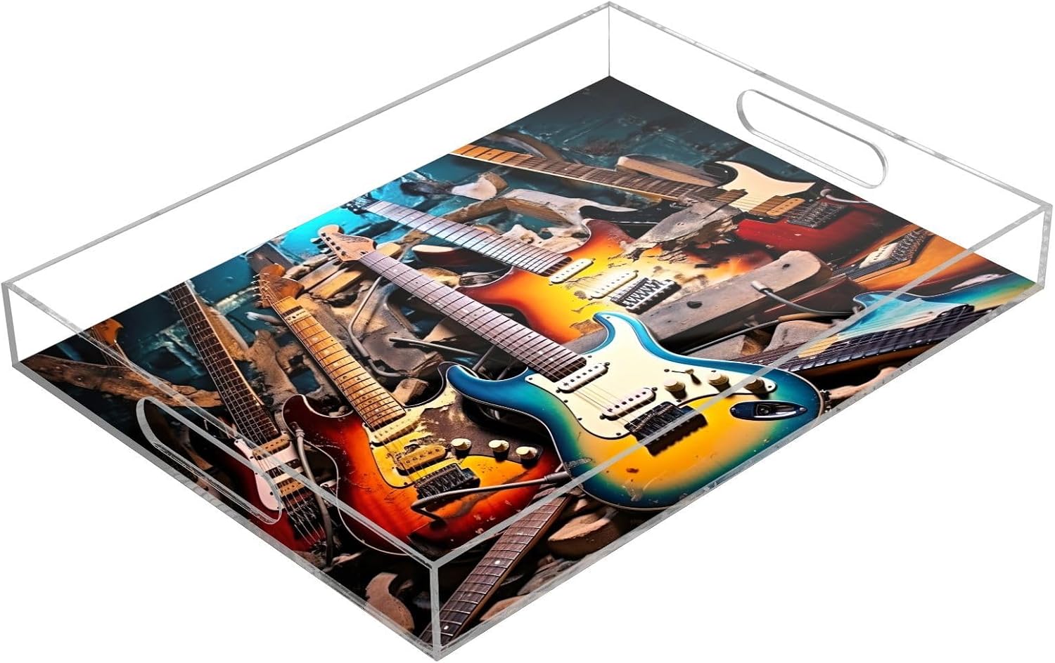 Guitars Serving Tray, Decorative Ottoman Trays with Handles for Breakfast, Coffee Table, Dining Room, Party - 16" x 12"