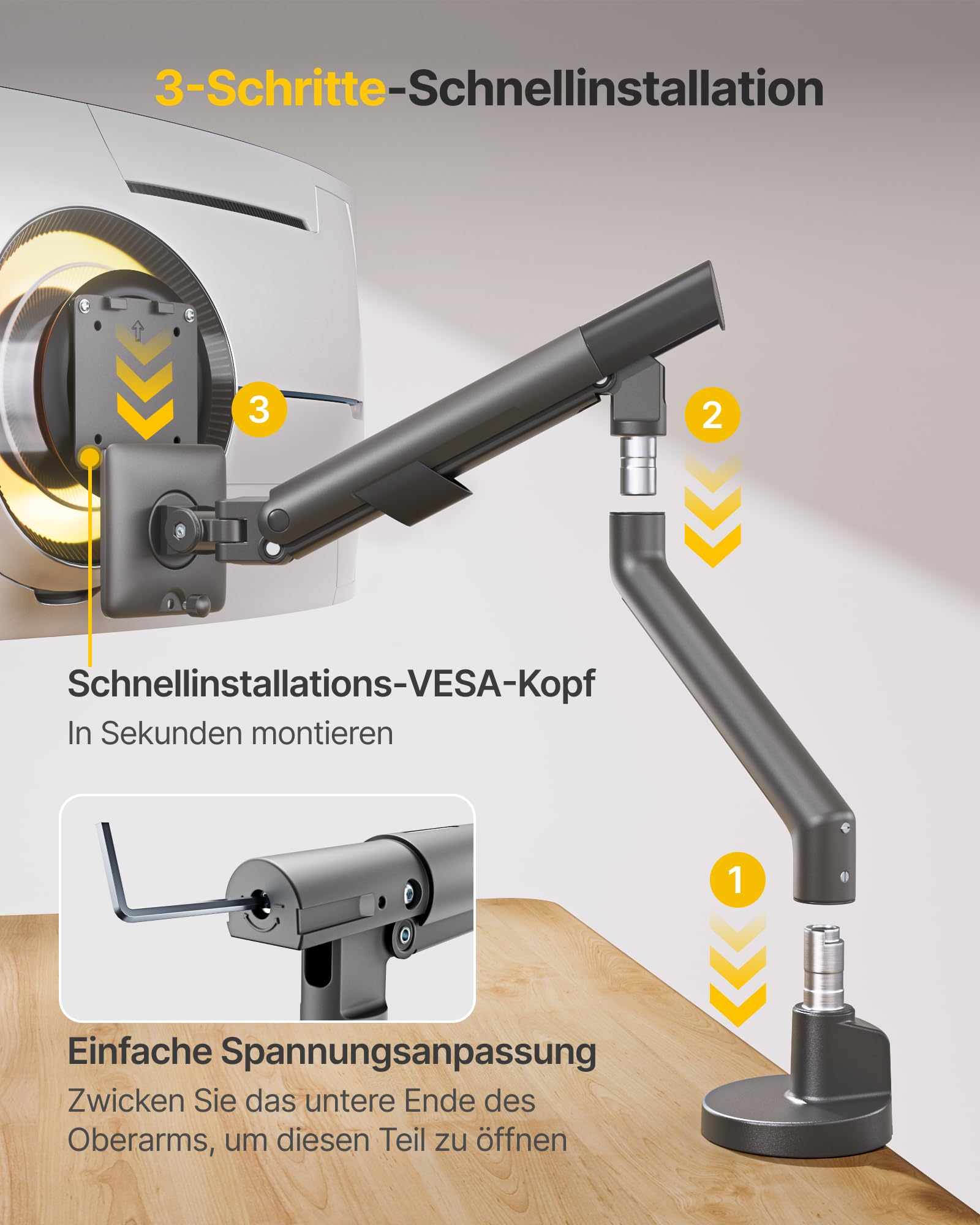 monTEK Brazo Monitor para Pantallas de 17 a 40 Pulgadas soporta 11 kg | soporte de escritorio ajustable, VESA 75/100mm, montaje mediante abrazadera y pasacables Diseño moderno y robusto,gris oscuro