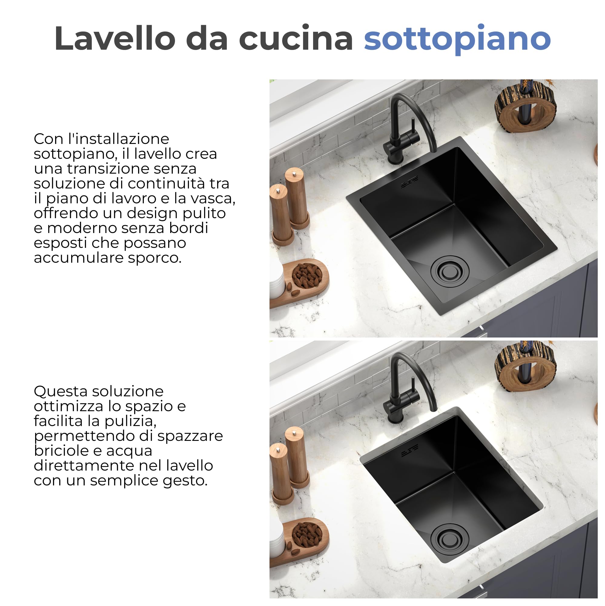 ANW HOME Lavello Cucina 1 Vasca Lavandino Cucina Acciaio Inox 304, Lavello da Incasso o Sottotop 37x45 cm Grafite PVD, Rivestimento Nano, Spessore 3,0+1 mm, Profondità 22 cm, con Sifone