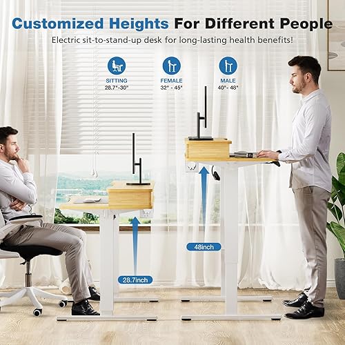 Miniatura 5 de NEWBULIG Escritorio eléctrico de pie ajustable con estante de almacenamiento de doble cajón, 40 x 24 pulgadas, parte superior de roble y marco blanco