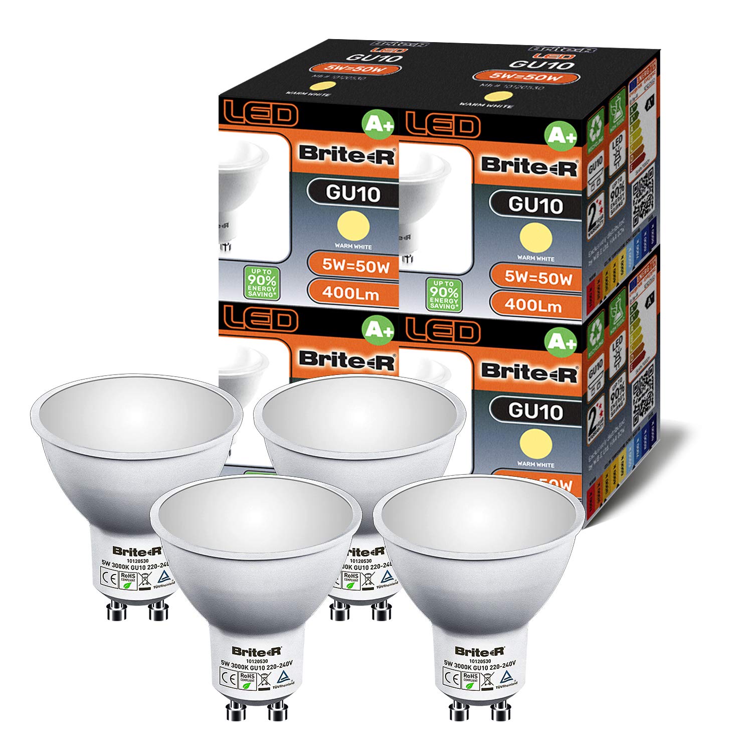 4X GU10 LED Bulbs 5W Warm White Brite-R 120° Beam 3000K 400lm Spot Downlight 90% Energy Save* 50W Halogen Equiv Replacement Lamp AC220-240V Wide Angle Frosted Recessed Lighting UK Warranty Pack of 4