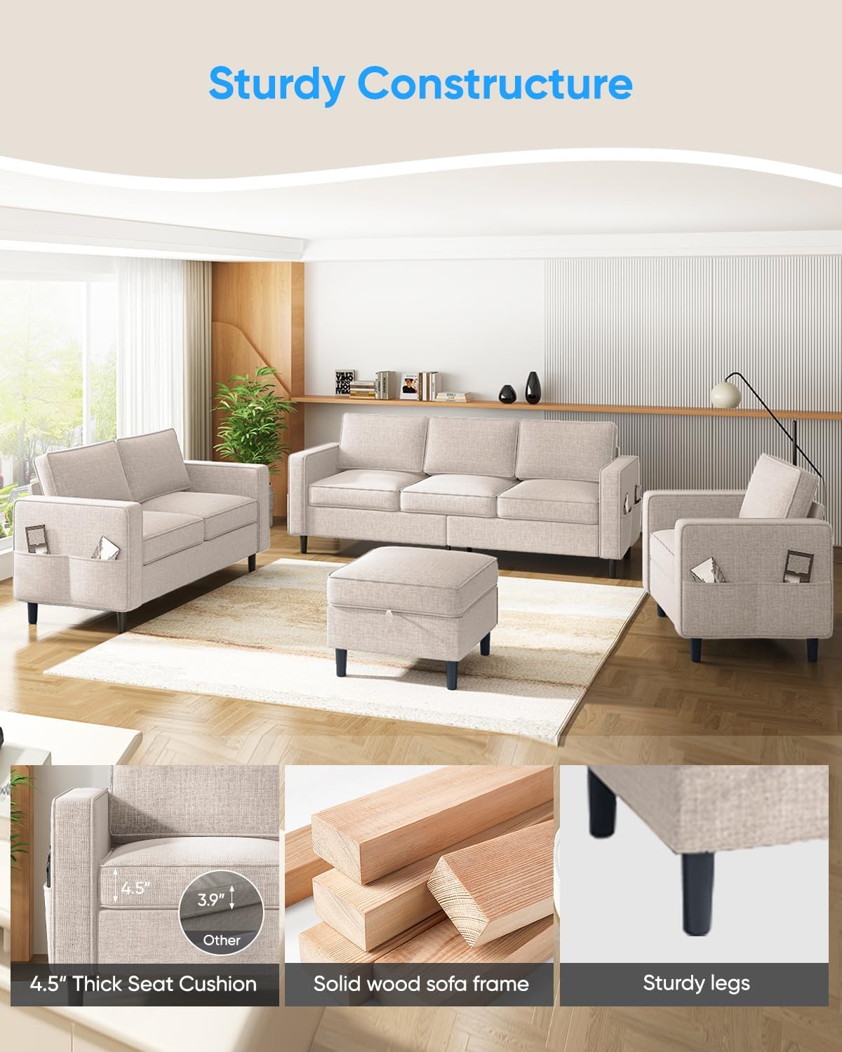 3 Pieces Sofa Sets Furniture for Living Room, Linen Fabric 3 Seater Sofa with Ottoman and Loveseat and Armchair Sets, Modern L Shaped Couch + Love Seat + Accent Chair Sets,Beige