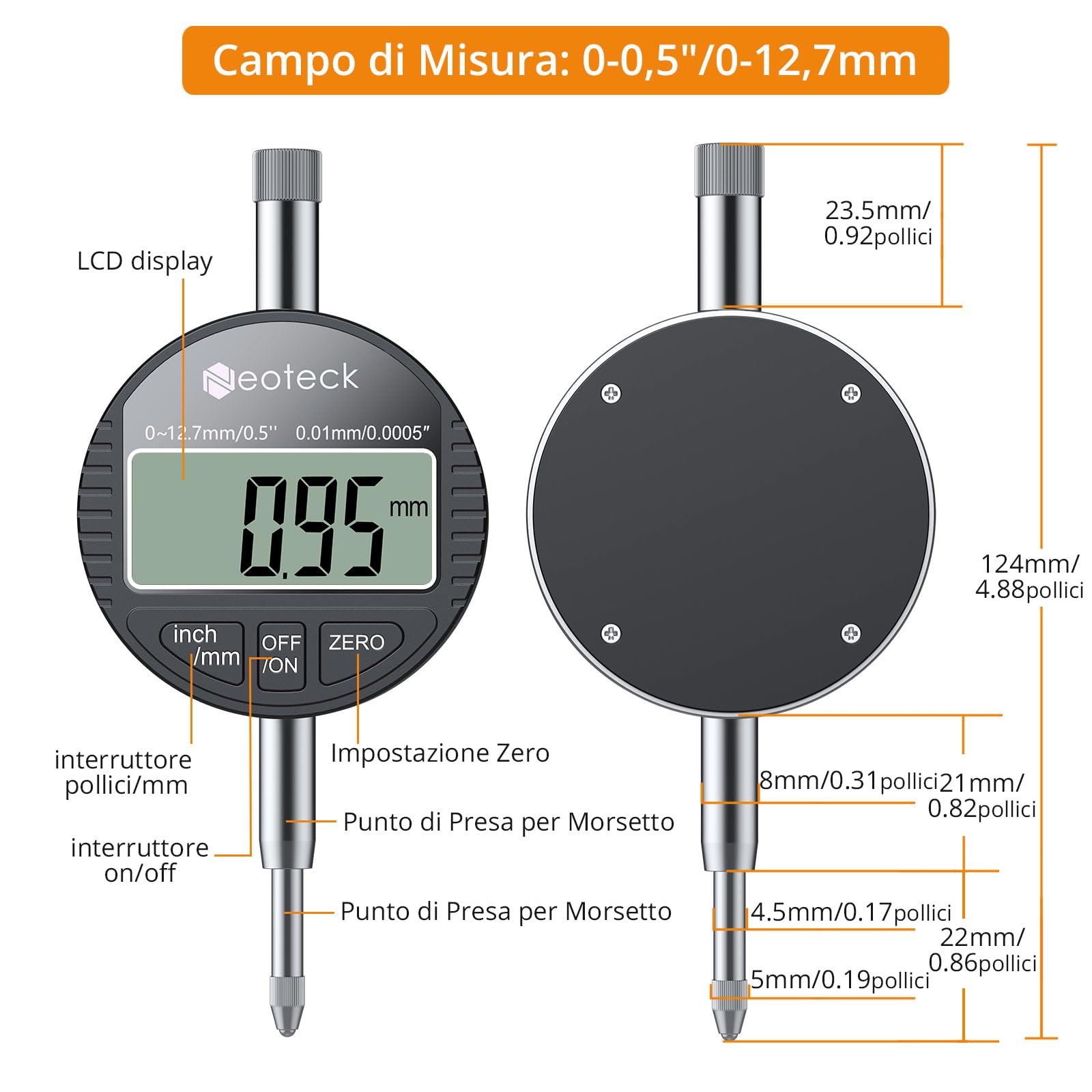 Neoteck Comparatore Centesimale Digitale 0.01mm Precisione con LCD Display Calibro Indicatore di Quadrante Professionale 0-12.7mm/0.5" Commutazione mm/inch per Meccanici Officina Laboratorio