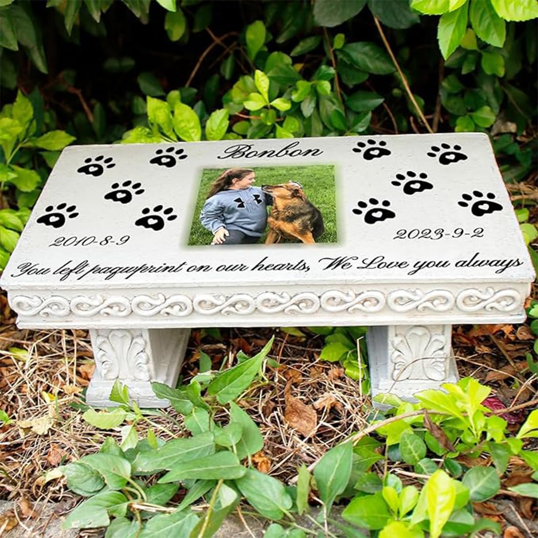 JHB Personalized Bench Pet Memorial Garden Stone Plaque with Colorful Photo, Dog Grave Marker Dog Tombstone Cat Headstone for Graves Loss of Pet Gift Cemetery Garden Plaque (H)