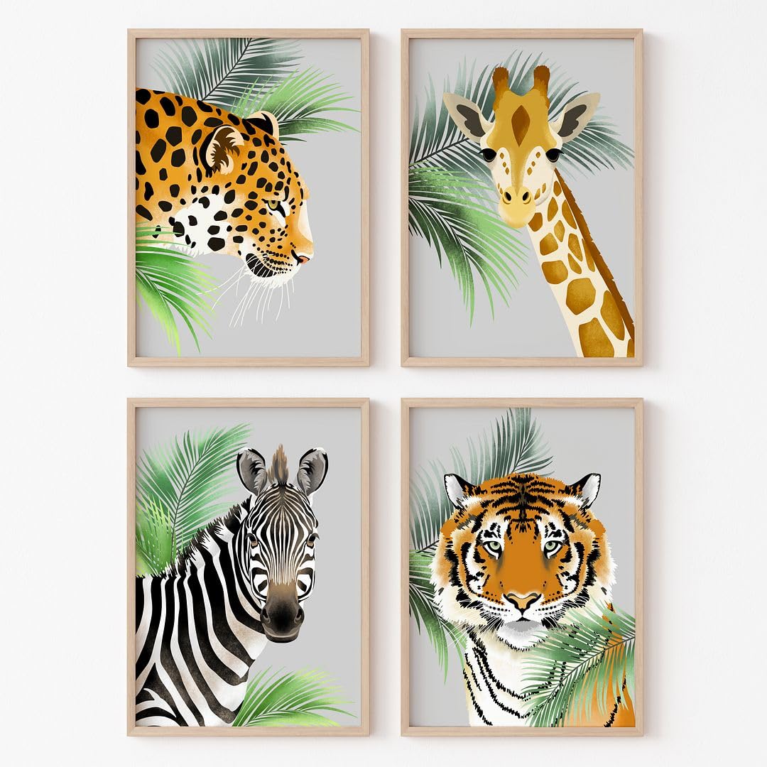 Rubybloom Designs Wild Tribe Safari Jungle Animal 13cm x 18cm Prints UNFRAMED - Cheetah, Giraffe, Zebra & Tiger Portrait Picture Illustrations Wall Art Decor Gift