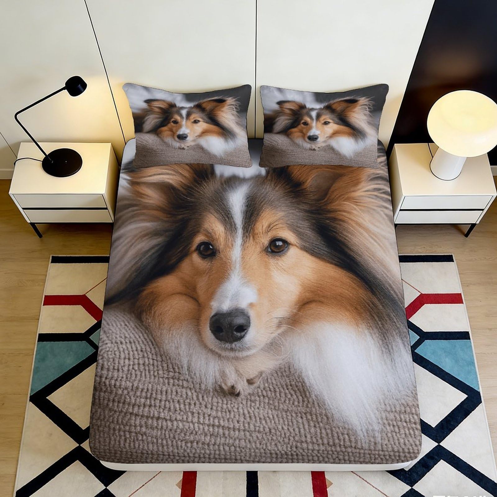 3D Printed Shetland Sheepdog Fitted Sheet Microfiber Soft Anti-Slip Dog Bed Cover for Bedroom Guest Room Home Decor 90x200x25cm