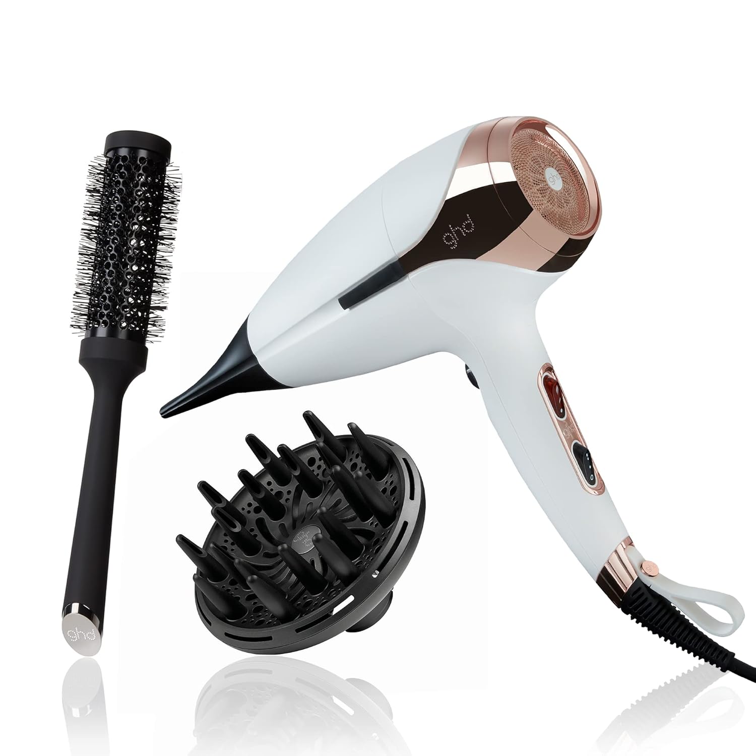 ghd Helios Essentials Trio ― 1875w Helios Hair Blow Dryer (White), Professional Hair Dryer Diffuser for Perfectly Formed Curls & Waves, and The Blow Dryer – Ceramic Radial Brush Size 2 ghd Helios Essentials Trio ― 1875w Helios Hair Blow Dryer (White), Professional Hair Dryer Diffuser for Perfectly Formed Curls & Waves, and The Blow Dryer – Ceramic Radial Brush Size 2