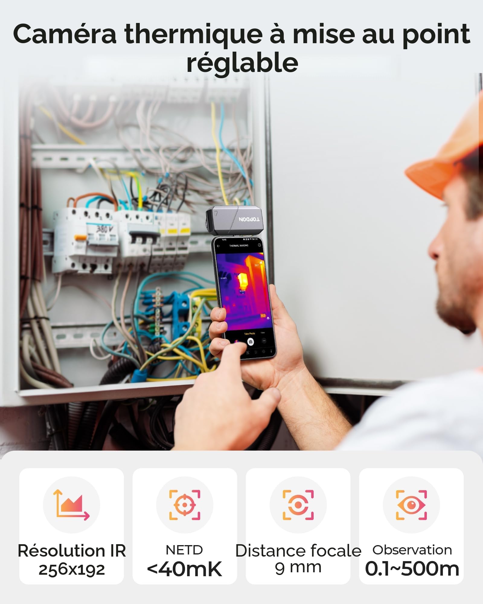 TOPDON TS001 Caméra Thermique Infrarouge Android, Mise au Point Manuelle, 512x384 Haute Résolution, -20℃ à 550℃, 25Hz, Imageur Thermique avec Objectif Réglable 9mm, Plage d'observation 0,1 à 500m