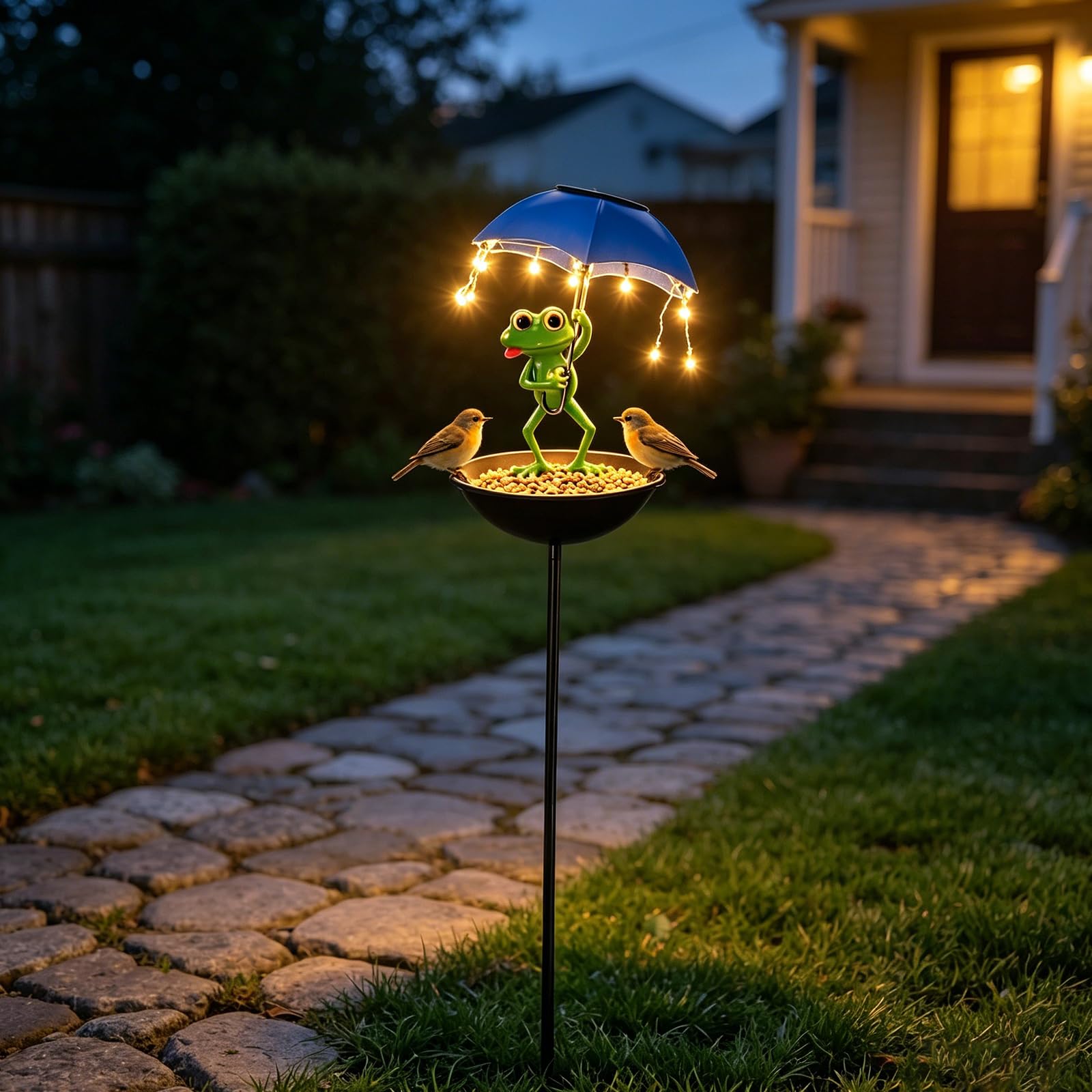 Mangiatoia a energia solare a forma di rana, per esterni, decorazione da giardino con ombrello, ciotola, mangiatoia decorativa per giardino, terrazza, prato, laghetto, cortile