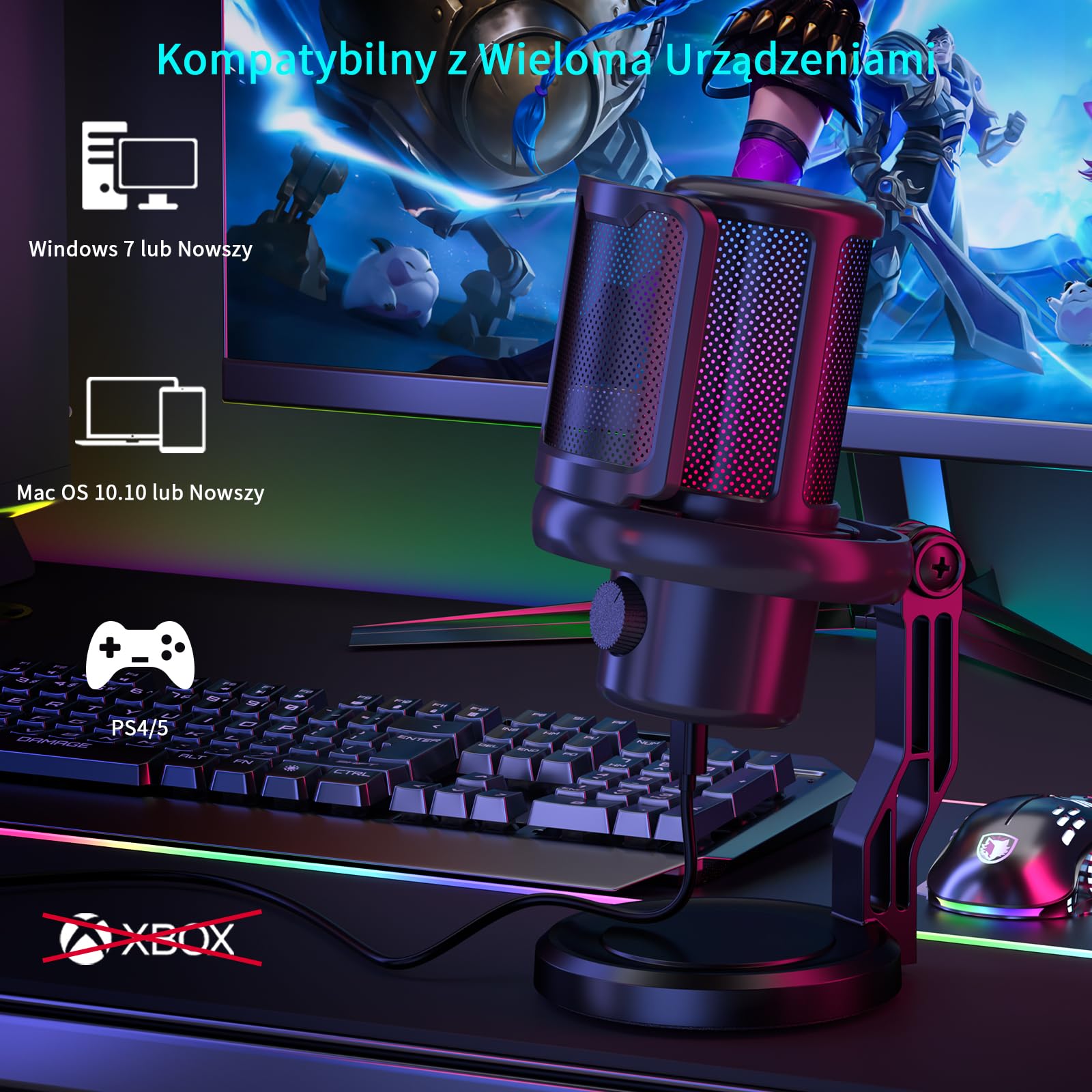 K KASONIC Mikrofon Gamingowy z Oświetleniem RGB, USB Mikrofon Pojemnościowy z Filtrem Pop dla PC, Szybkie Wyciszenie i Redukcja Szumów, Zestaw Mikrofonu Biurkowego dla PS4/5