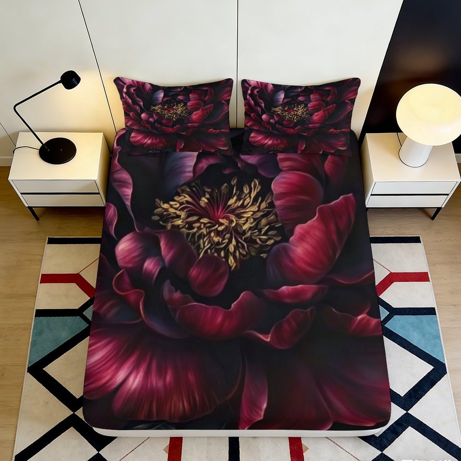 Uxinyoume Style-10 3D Printed Burgundy Peony Fitted Sheet Microfiber Soft Floral Bed Cover Golden Blossom Bedroom Decor Protection 90X200x25cm