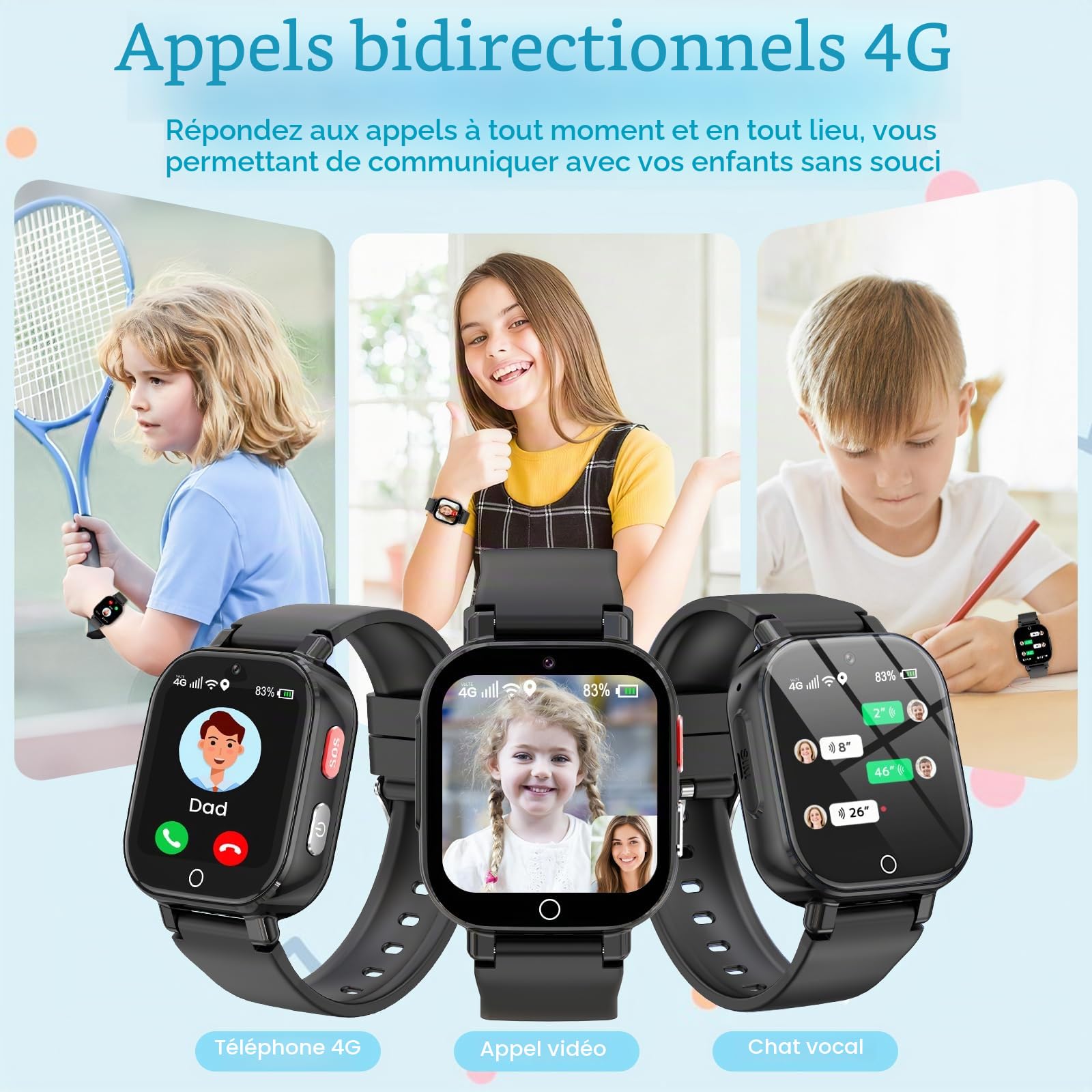 Montre Connectée Enfants GPS, 4G Smartwatch Téléphone pour Filles et Garçons avec Appel, Vidéo, SOS, Chat, Mode Classe Podomètre, Jeux, Réveil, Montre Intelligente Enfant 4 à 12 Cadeau, dark black