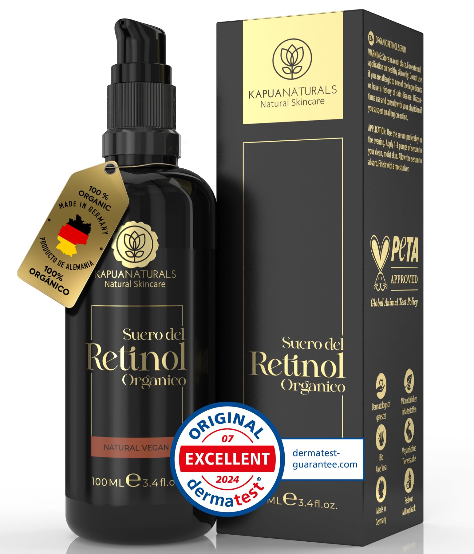 Retinol puro para la cara • 100 ml • ORGÁNICO Vegano • Retinol Serum • Para una piel radiante y clara sin granos • +Vitamina C +Hialurón • Retinol Puro • Cosmética natural y sostenible • de Alemania