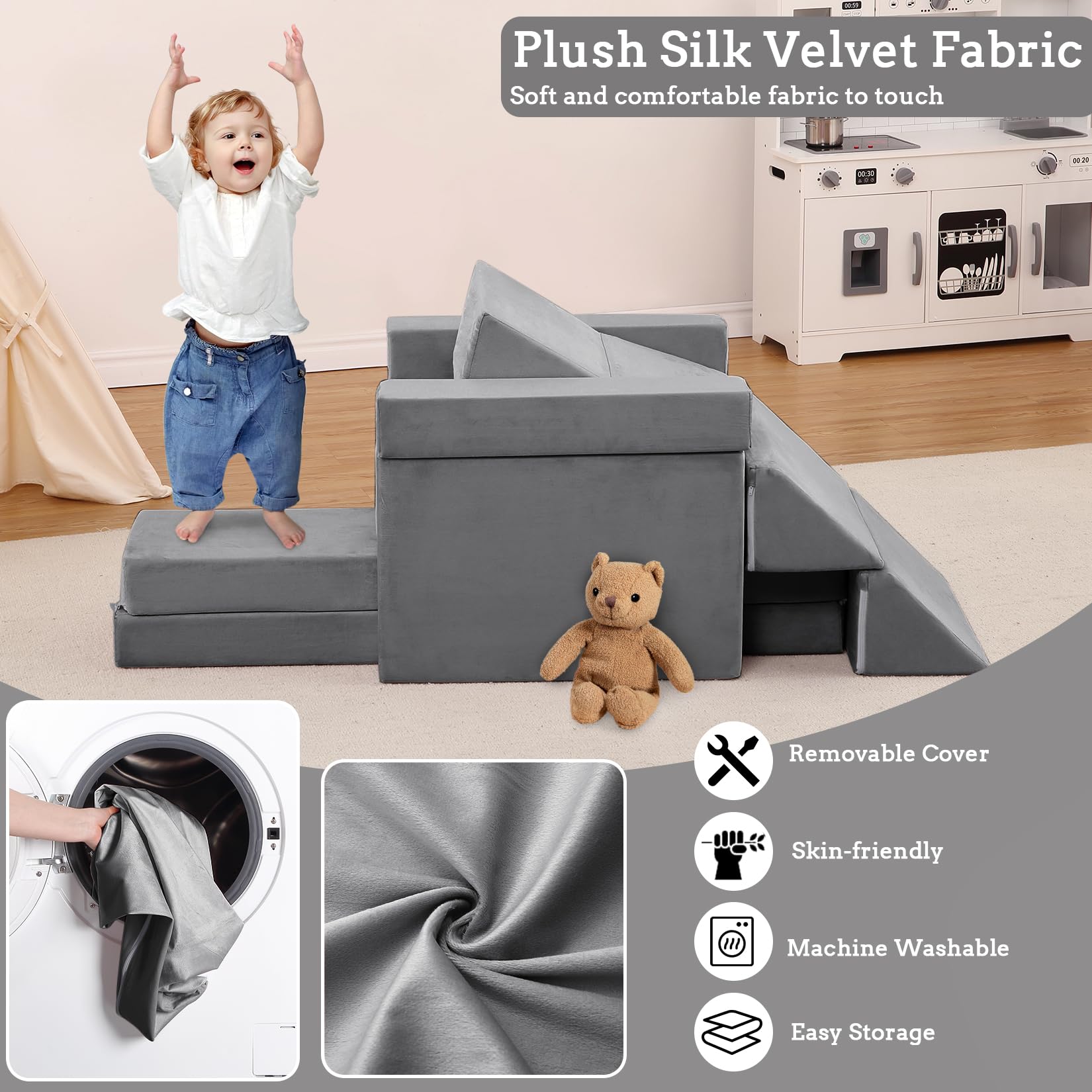 Canapé de Jeu modulable Enfant 12 pièces en Mousse Convertible – Blocs à Construire cabane/Tunnel/Toboggan + Coin Lecture – Housses en Velours lavables – canapé de Sol – Couleur : Gris