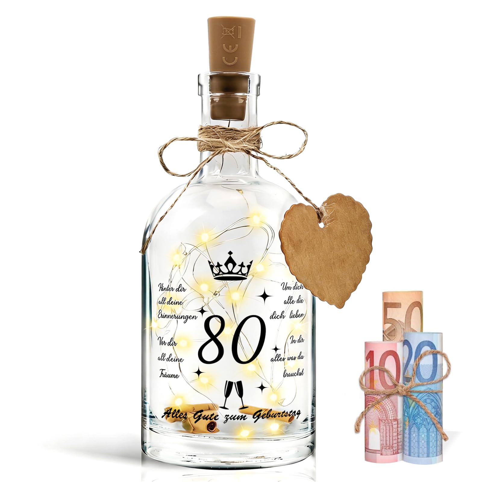 Led Flaschenlicht mit Spruch, Beleuchtete Flaschen, Geschenk 80 Geburtstag Mann und Frau, Geldgeschenke Geburtstag, Led Flaschenlicht 80. Geburtstag mit Korken, Flaschenpost, Geschenk für Weihnachten