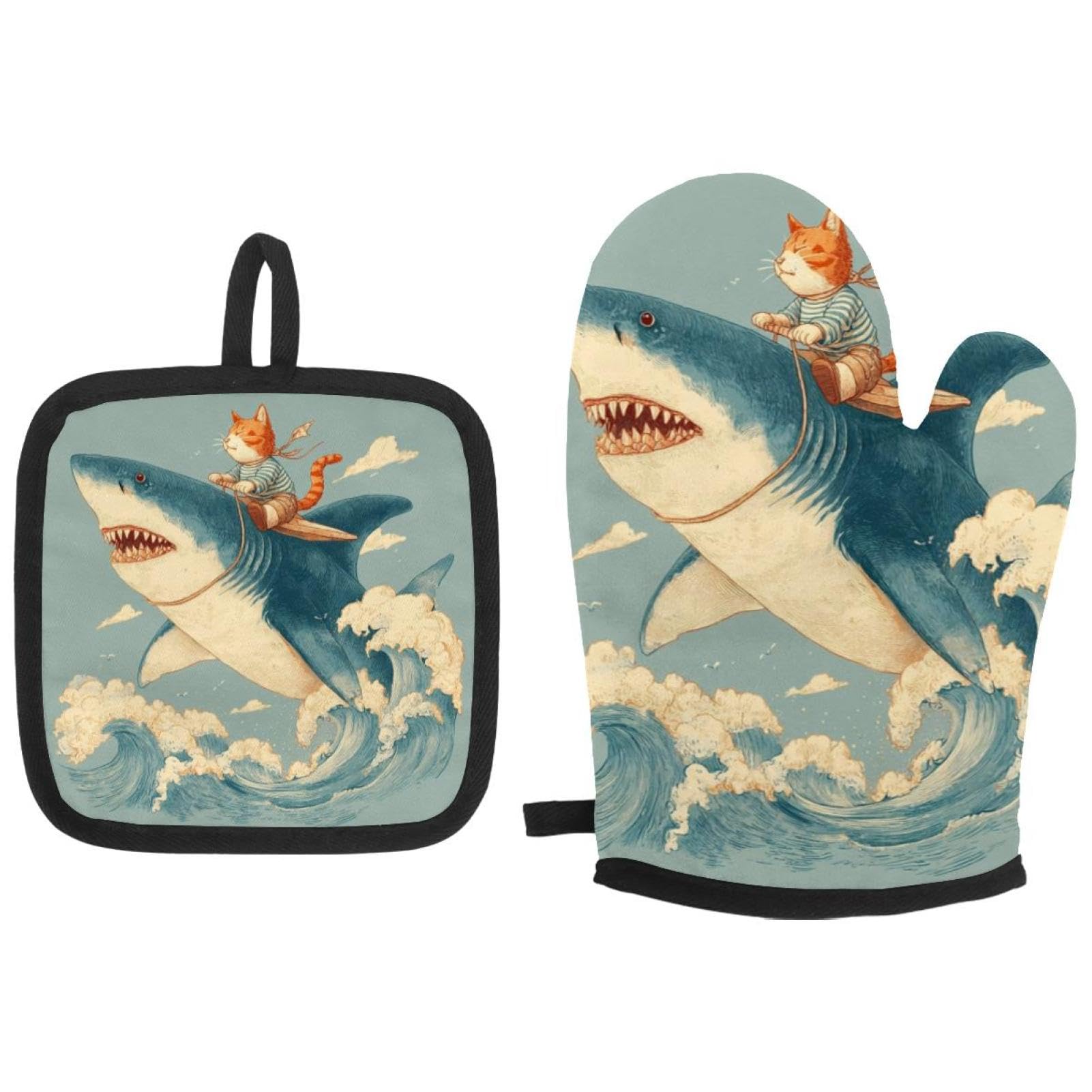 Gant de cuisine et manique chat requin résistant chaleur pour maison et cuisson