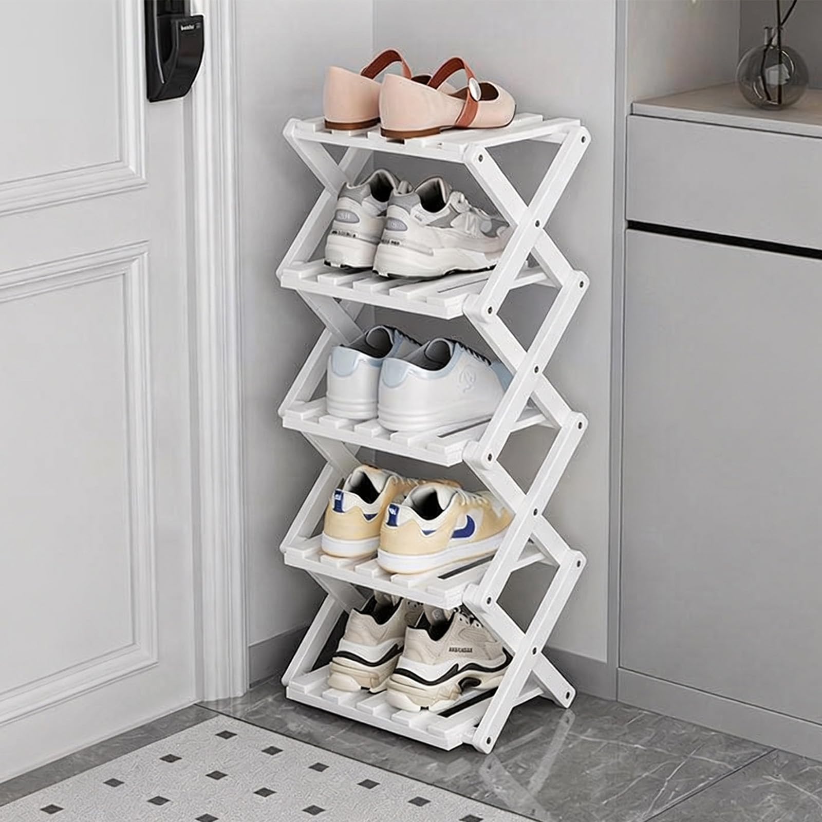 Mały stojak na buty, biały, 5-poziomowy, bambusowy, składany, organizer na buty, wolnostojąca półka do przedpokoju, sypialni, szafy, narożnika salonu, nie wymaga instalacji