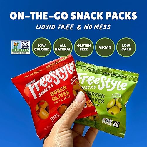 Miniatura 5 de Freestyle Snacks Paquetes de aperitivos de oliva  Una porción  Aceitunas verdes frescas deshuesadas, tamaño gigante, cultivadas en Grecia,