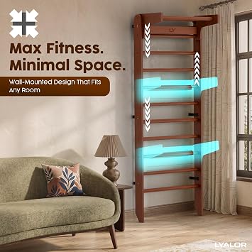 Walnut Swedish Ladder Stall Bars, Wall Mounted Premium Wooden Ladder | Wall Bars for Exercise with Adjustable Pull-Up Bar | Home Gym for Kids & Adults, Supports 320 lbs