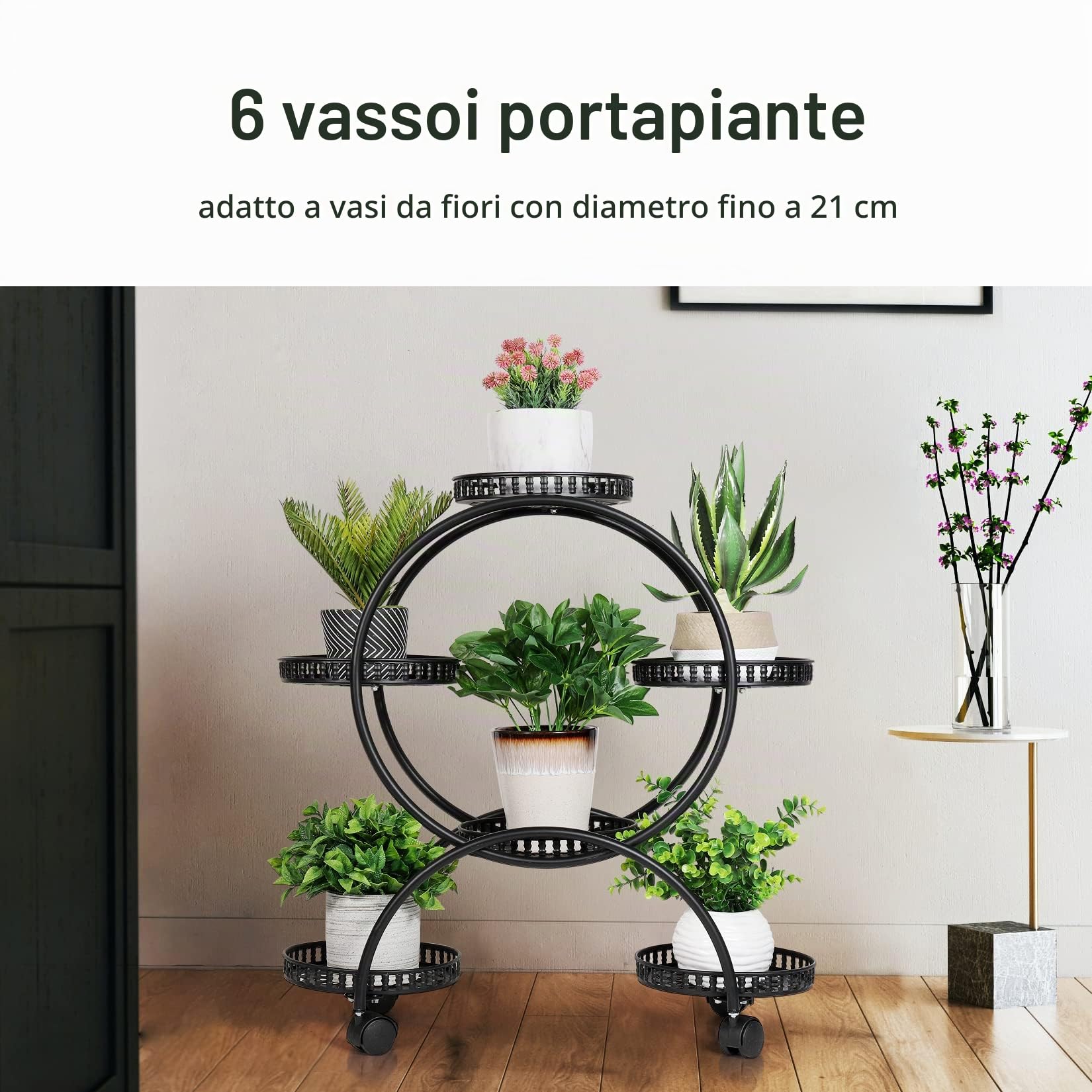 unho Portapiante Battuto Ferro con Ruote: Portavasi interno esterno 6 Vasi Fioriera Supporto Piante Fiori Metallo Portafiori Ferro Battuto Nero da Orchidee Balcone Giardino