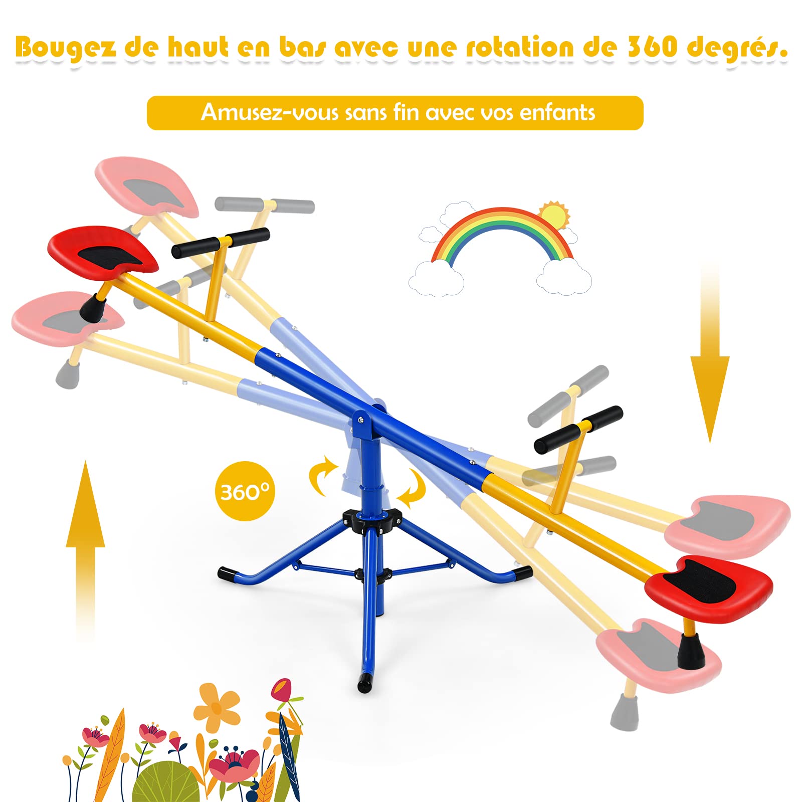 DREAMADE Balançoire à Bascule en Acier pour Enfants 3+ Ans, Trébuchet Rotative à 360° avec Poignées Antidérapantes et Assises, Base à Trois Griffes, Aire de Jeu pour Cour Maternelle