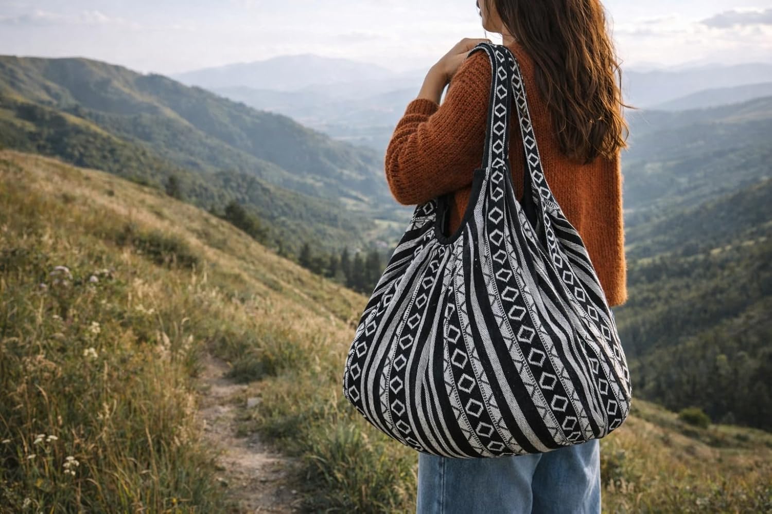 Tribe Azure Jacquard Cotton Shoulder Banana Style Fashion Travel Canvas Tote Bag Hobo Style Casual Market Purse Handbag (Black White) - Image 2