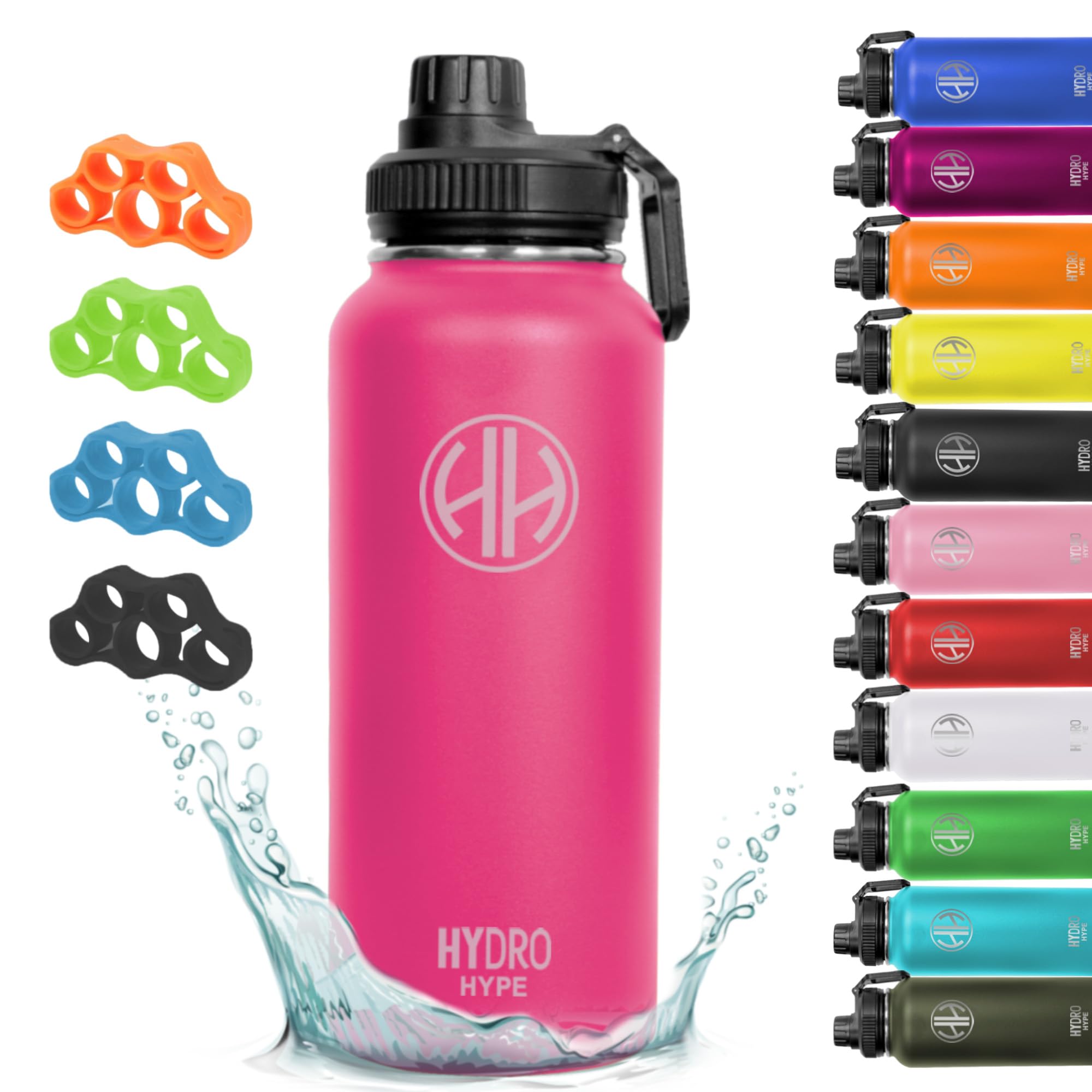 HYDRO HYPE Stainless Steel Water Bottle 1L,Double Wall Flask 32Oz,Thermos for Sports,Gym,Kids School,Home,Office,Vacuum Insulated,Water Bottle Combo 1 Silicon Finger Stretch Trainer(Barbie Pink)
