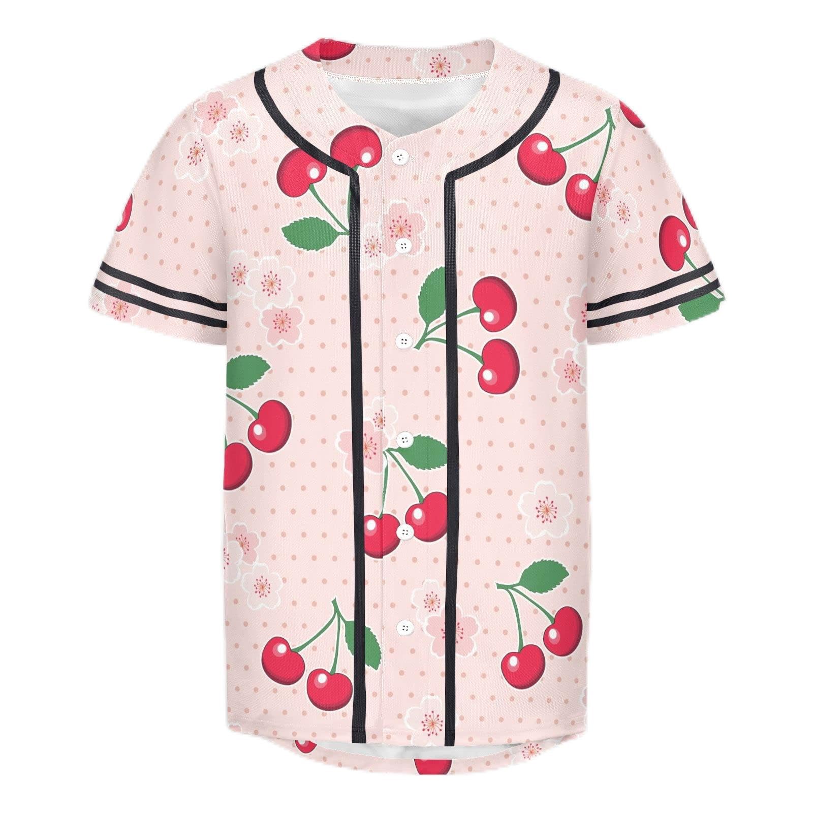Red Cherry Blossom Men's Baseball Jersey Short Sleeve Flower Adult Button Down Shirts Sports Uniform L