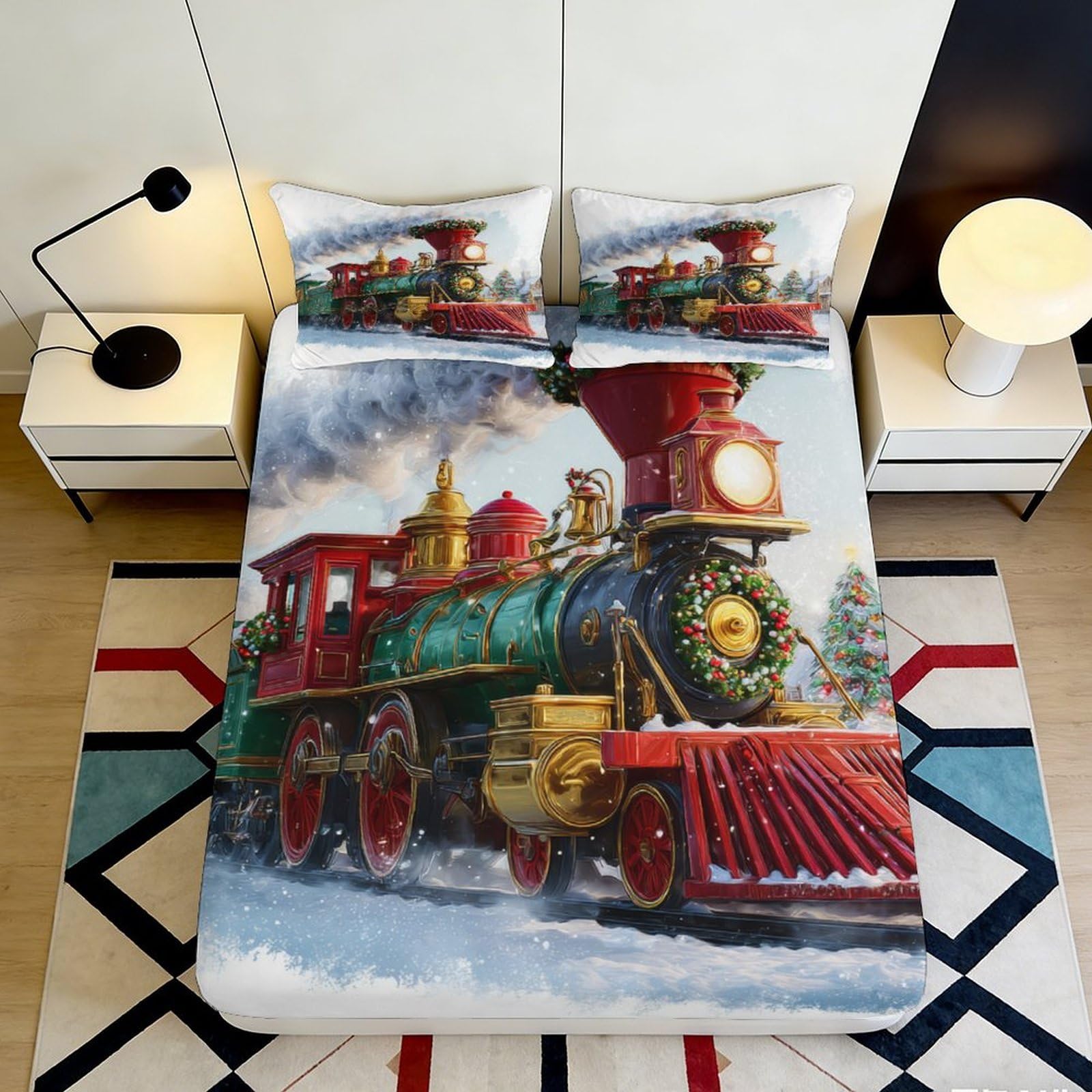 3D Printed Christmas Train Fitted Sheet Microfiber Soft Colorful Locomotive Bed Cover for Bedroom Dorm Mattress Decor 116 140x200x25cm