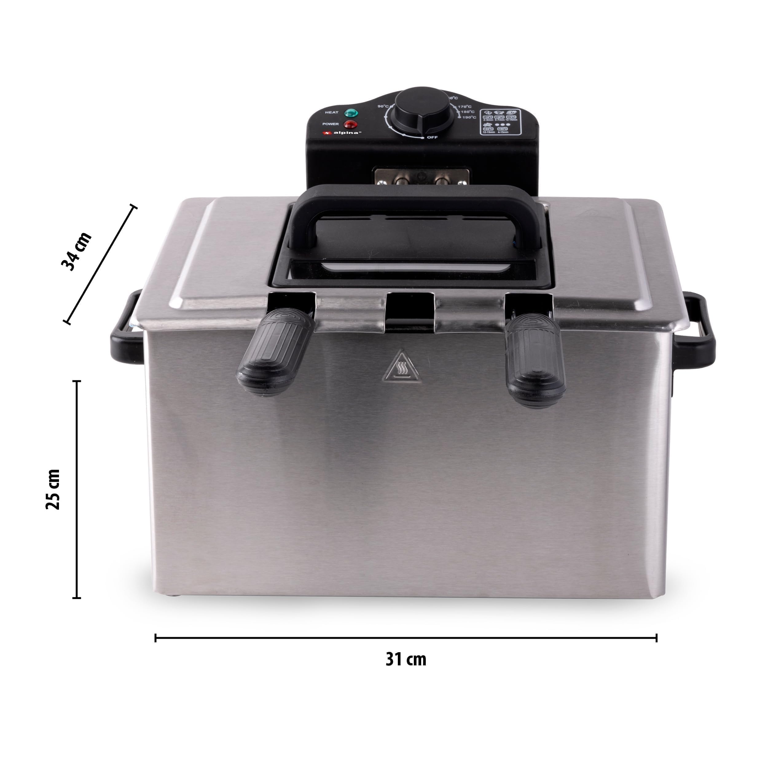 Alpina Friggitrice – 3 cestini – 5 litri – 2000 Watt – Termostato fino a 190 °C – Anti-riscaldamento – Acciaio inossidabile