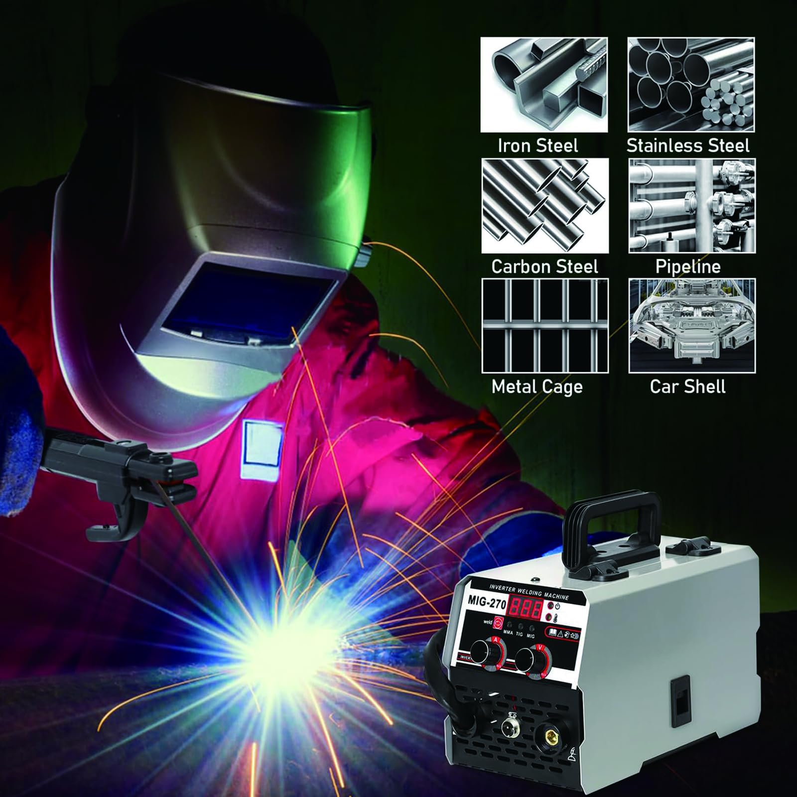Soldador MIG 3-en-1 Portátil – 250A MIG Sin Gas, ARC MMA & LIFT TIG Inverter con Display LED, Soporte Spool Gun, Para Trabajos en Acero y Reparaciones Caseras Red