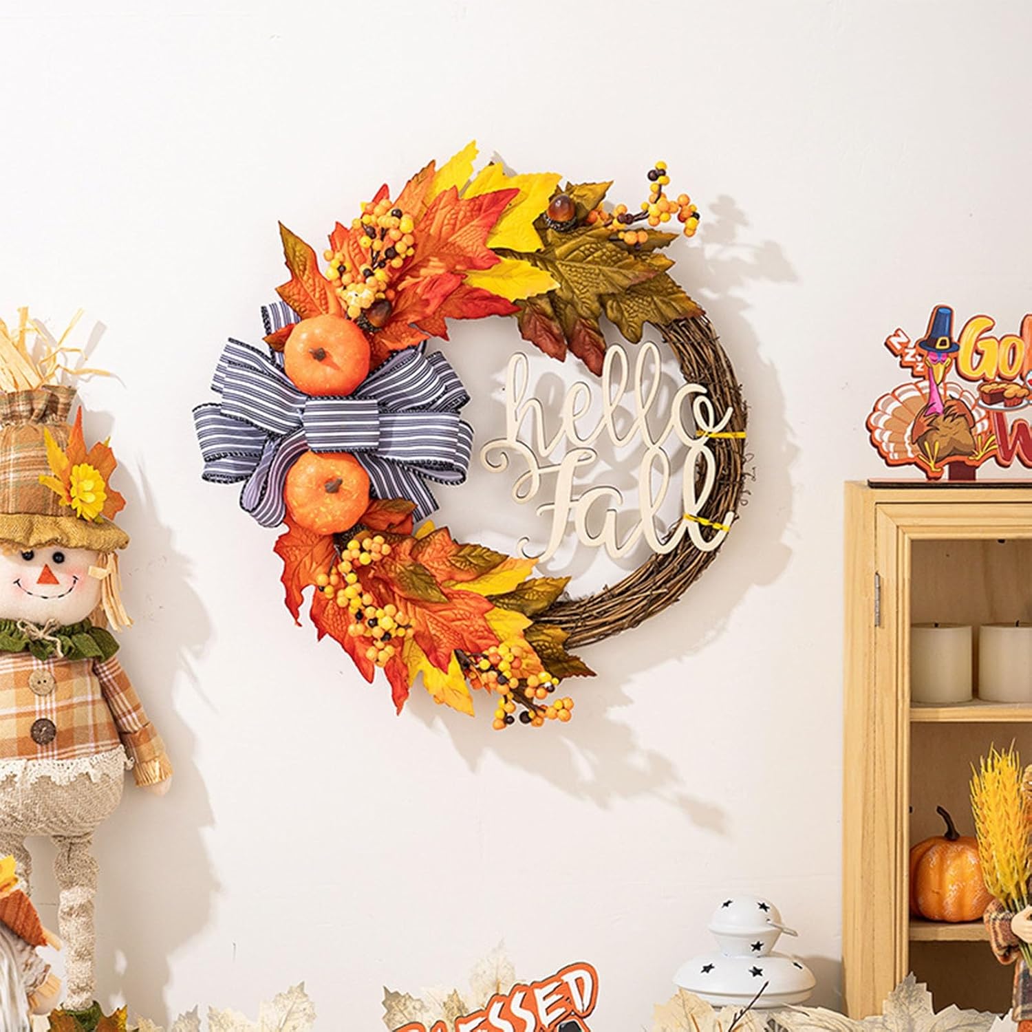 Fall Autumn Wreath for Front Door, Fall Wreath, Farmhouse Outdoor Autumn Wreath Artificial Flower Wreath Hanging Front Door Decoration Can be Used Outside, Windows, Walls