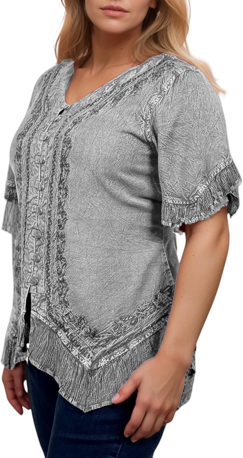 Agan Traders 2026 Summer Short Sleeve Embroidered Tops for Women - Buttondown Asymmetric Shirts - Boho Medieval Womens Blouse