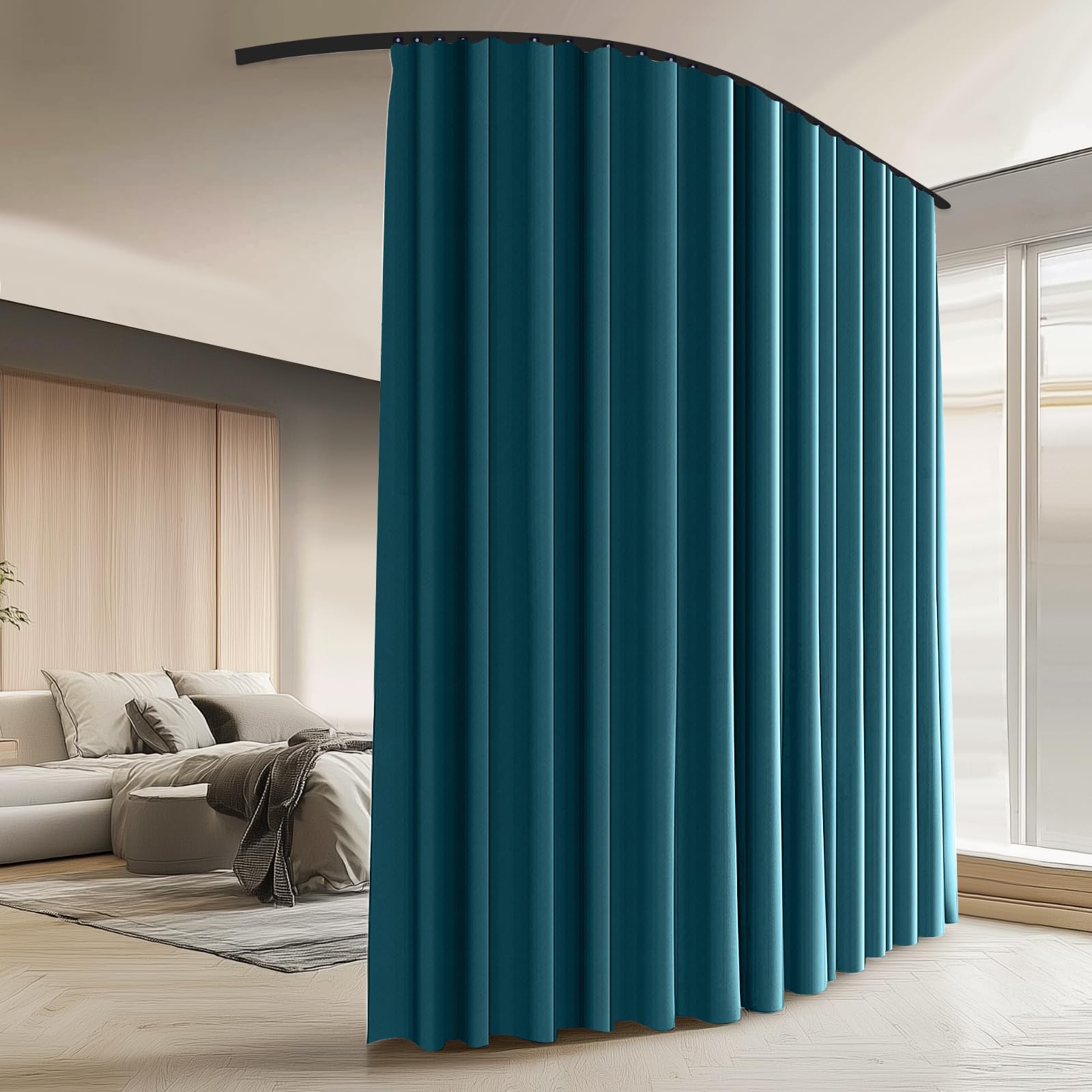Room Divider Curtains with Ceiling Curtain Track Set Window Curtain for Bedroom,Living Room Total Blackout Thermal Insulated Privacy Ceiling Track Curtain W 12 FT × H 8 FT Azure Blue drape&Black track