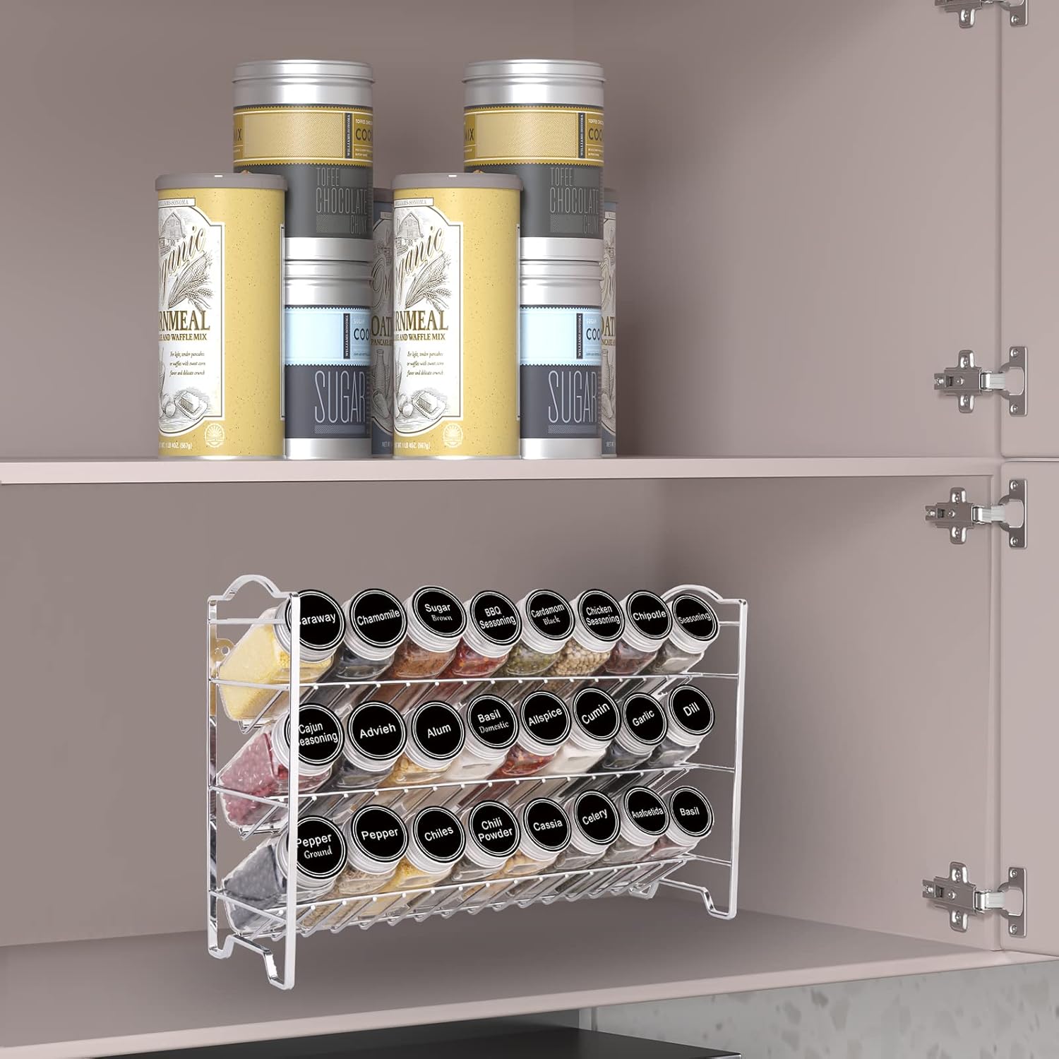 SWOMMOLY Spice Rack Organizer with 24 Empty Glass Spice Jars, 396 Spice Labels with Chalk Marker and Funnel Complete Set, for Countertop, Cabinet or Wall Mount, Silver