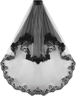 2 Tier Black Lace Veil Bridal With Comb Flower Embroided Cathedral Veil Sheer Tulle Wedding Veil Black Mantilla Headpiece for Bride